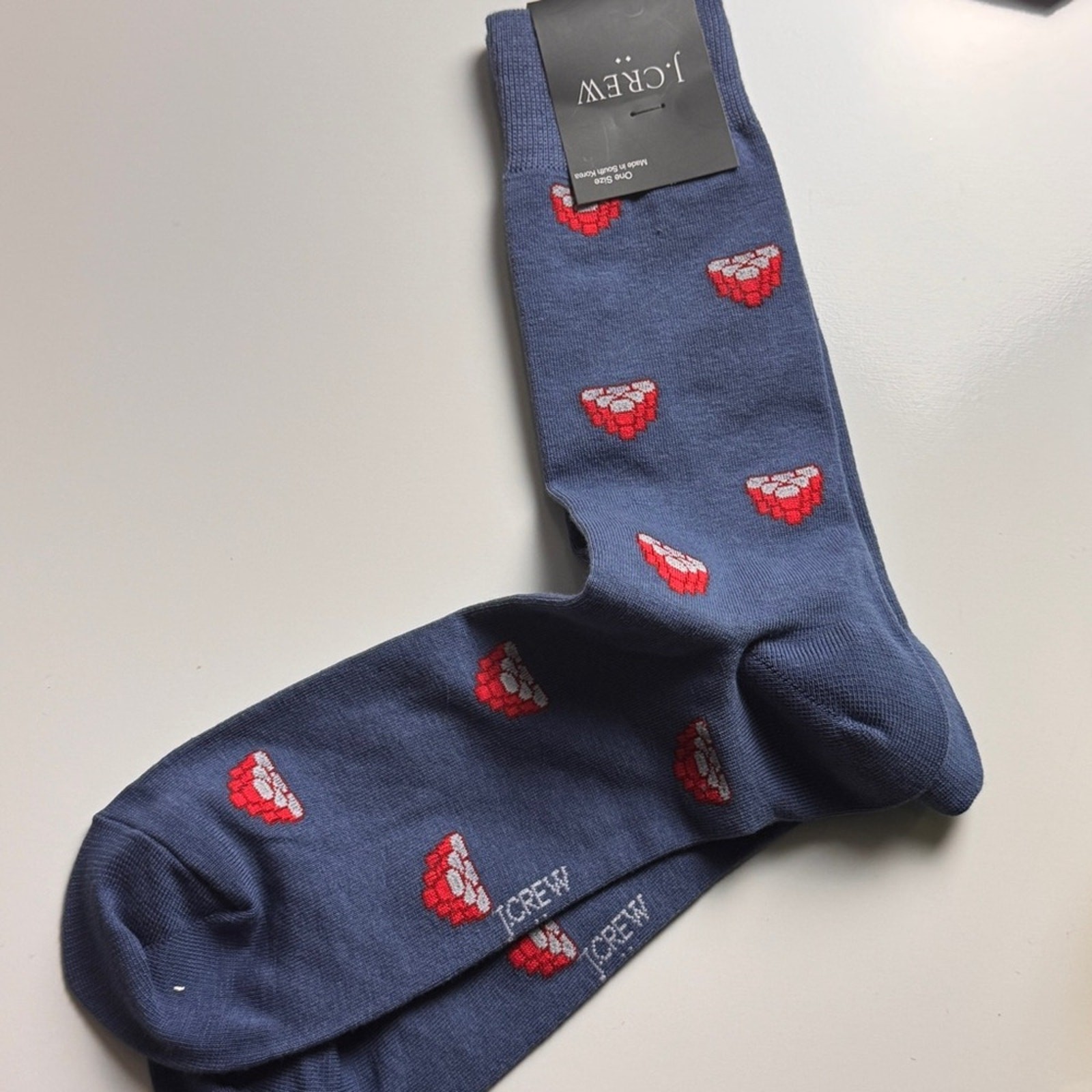J. Crew Blue Socks with Red Cup Graphic Pattern Sz OS NWT