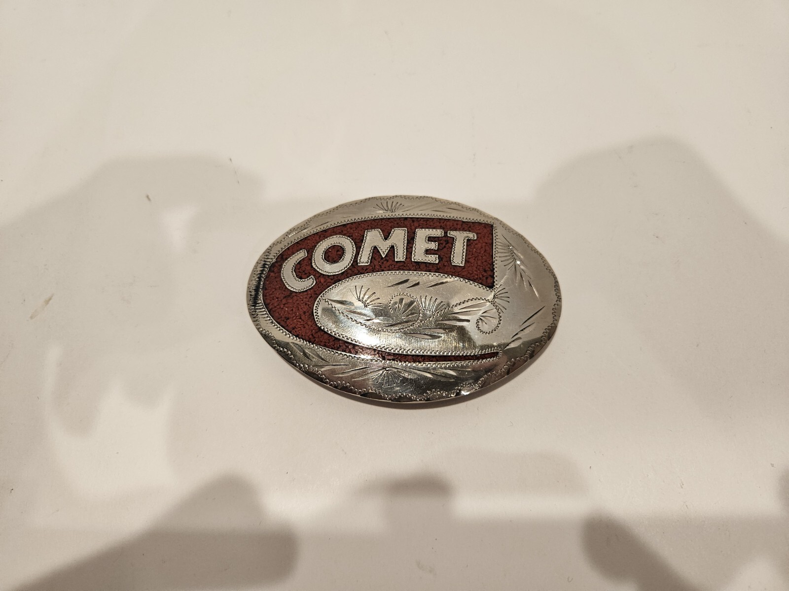 COMET Red Coral Chip Inlaid Hand Engraved Custom Belt Buckle Vintage Silver Tone