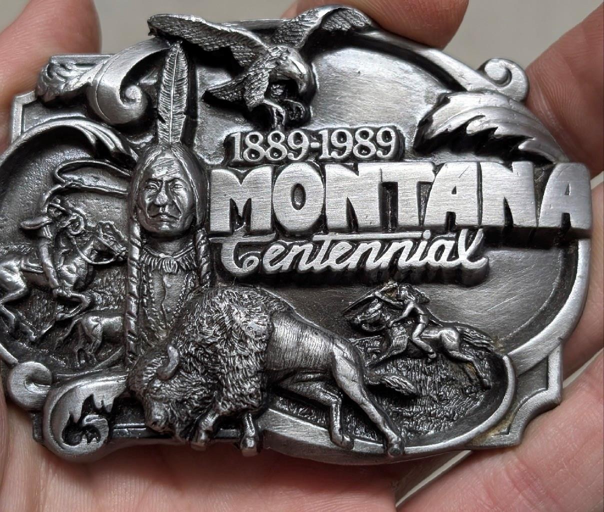 vintage MONTANA belt buckle NATIVE AMERICAN western INDIAN buffalo EAGLE cowboy