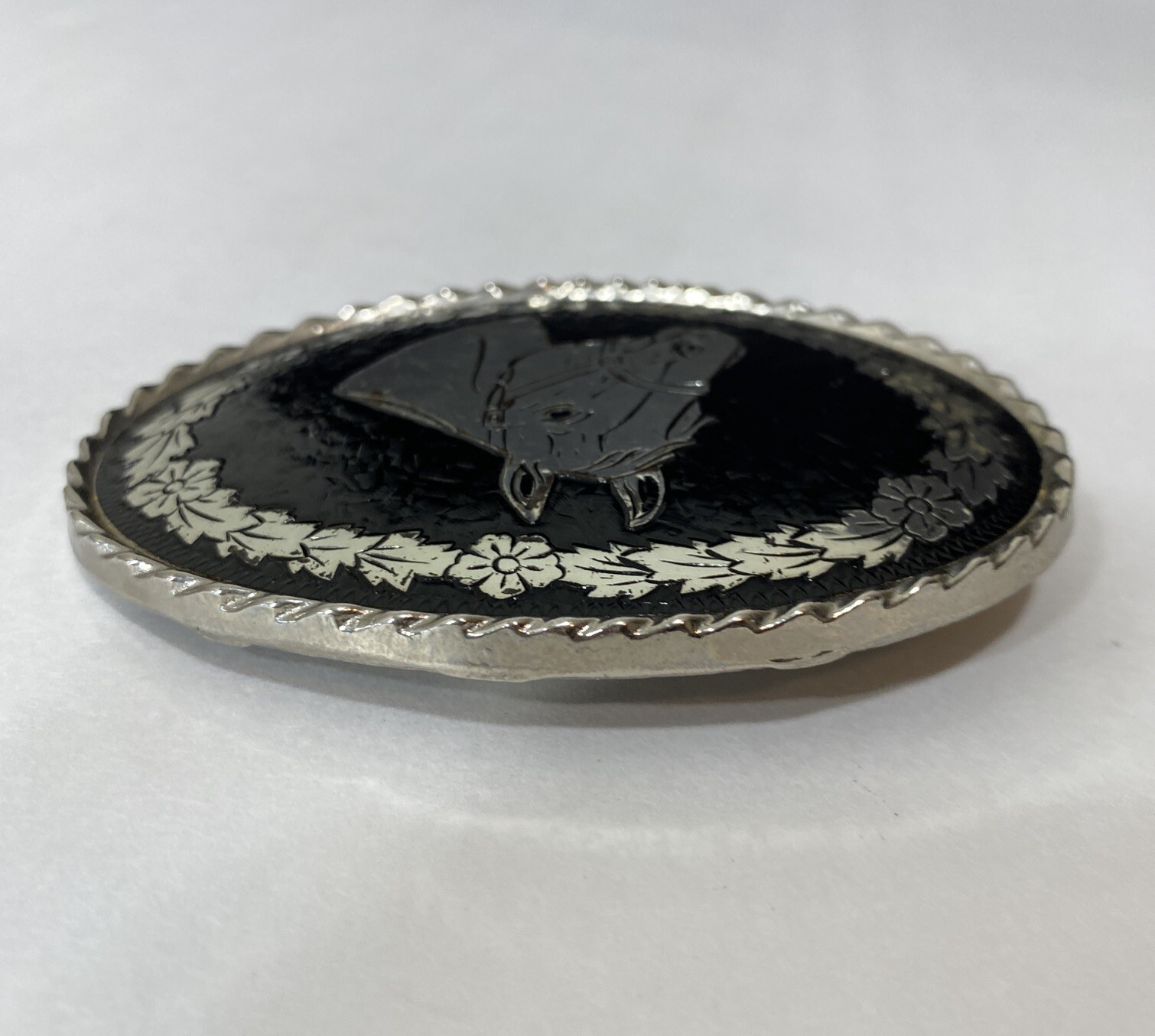 Bridled Horse Head Oval Belt Buckle Black Silver Equestrian Made in USA