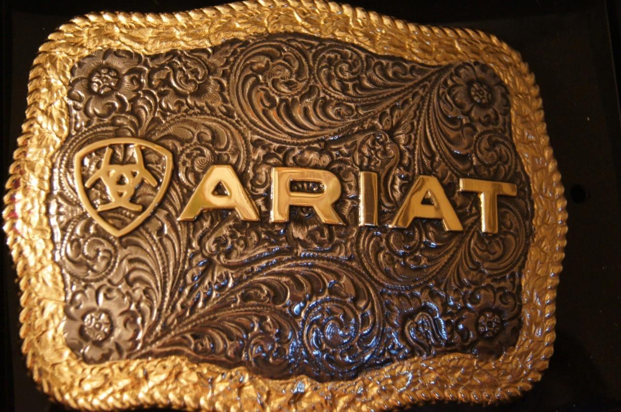 Ariat Western Belt Buckle Rectangle Floral Logo Silver & Gold Tone A37014