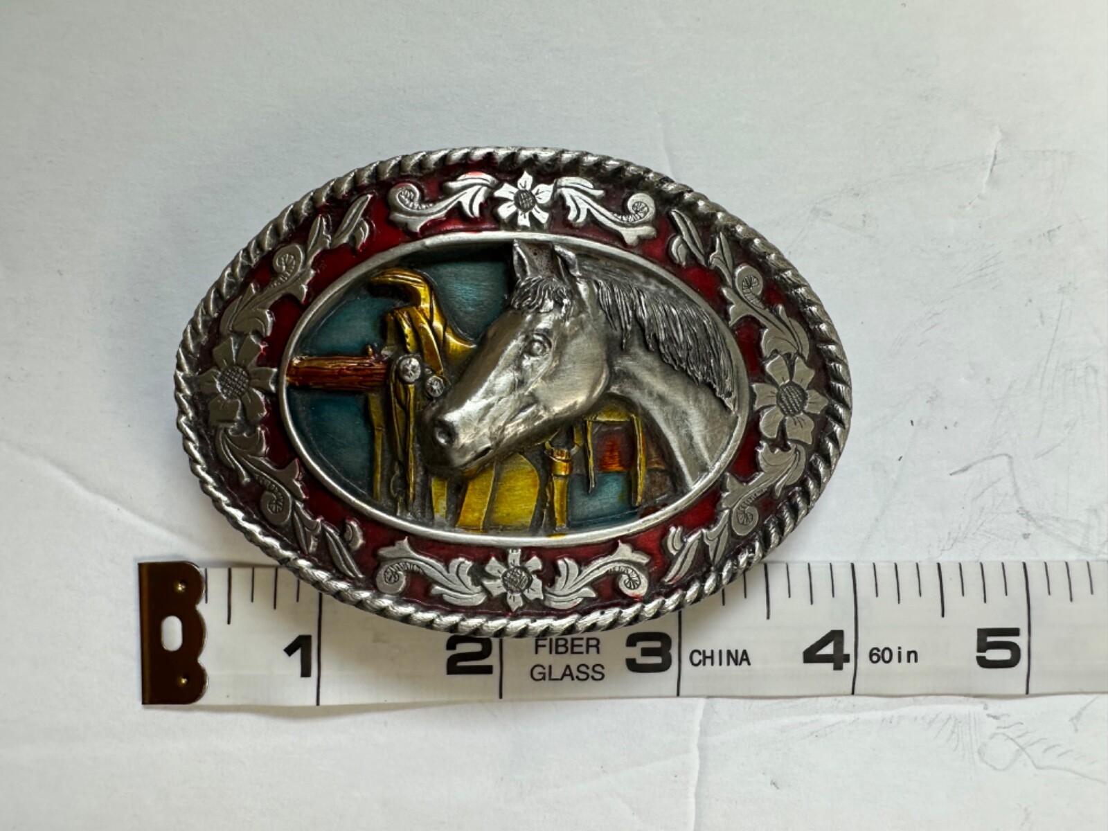 1985 VTG. SISKIYOU Belt Buckle Horse & Saddle Blue Background Excellent COND.