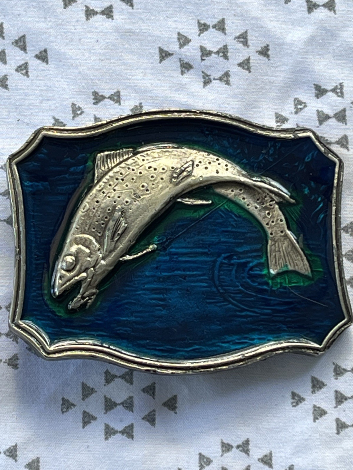 Fisherman Metal Belt Buckle With Blue & Green Enamel Background Sport Fishing