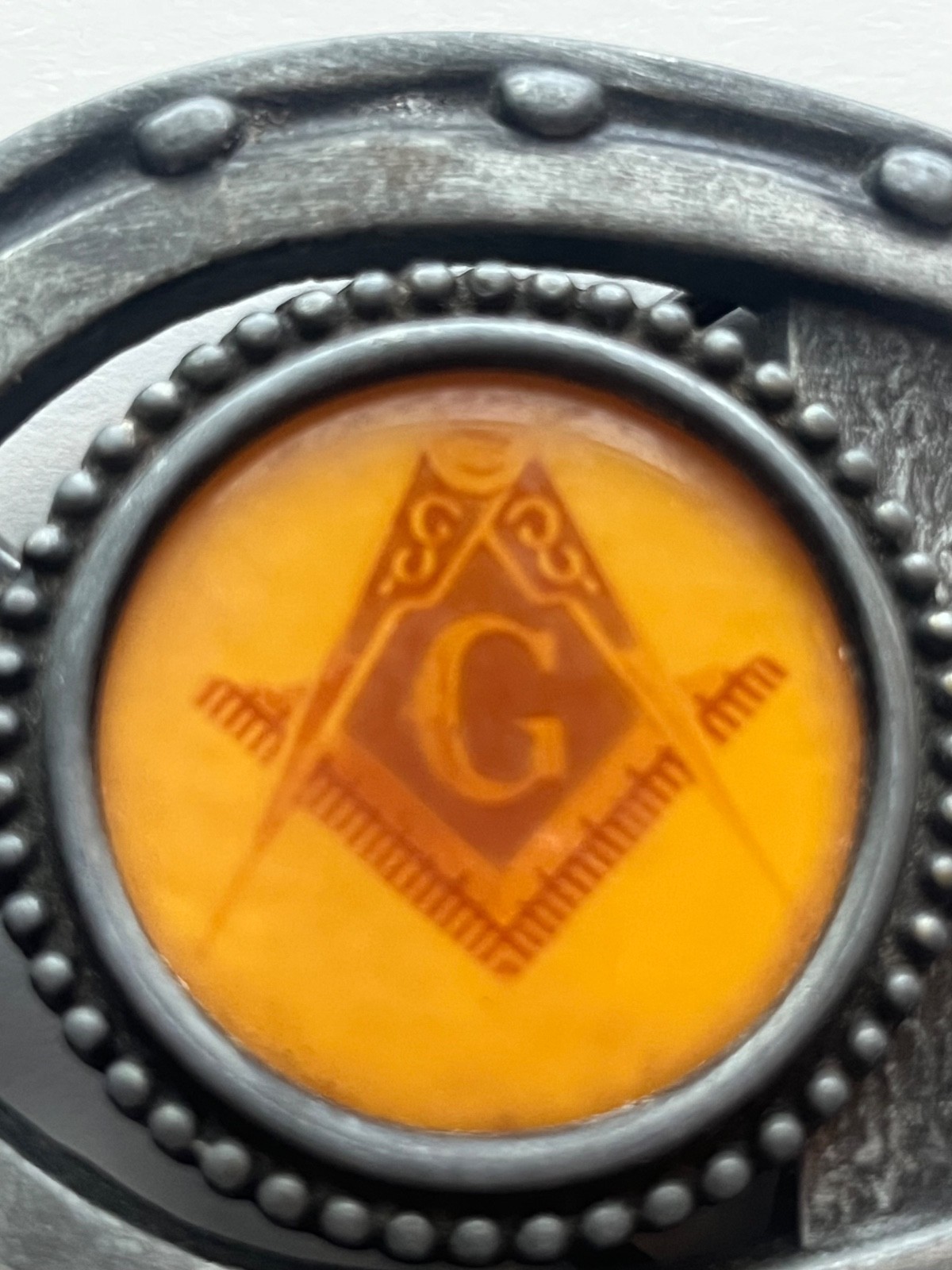 Vintage Masonic Freemason Horseshoe Belt Buckle Gold Enamel Compass G Symbol