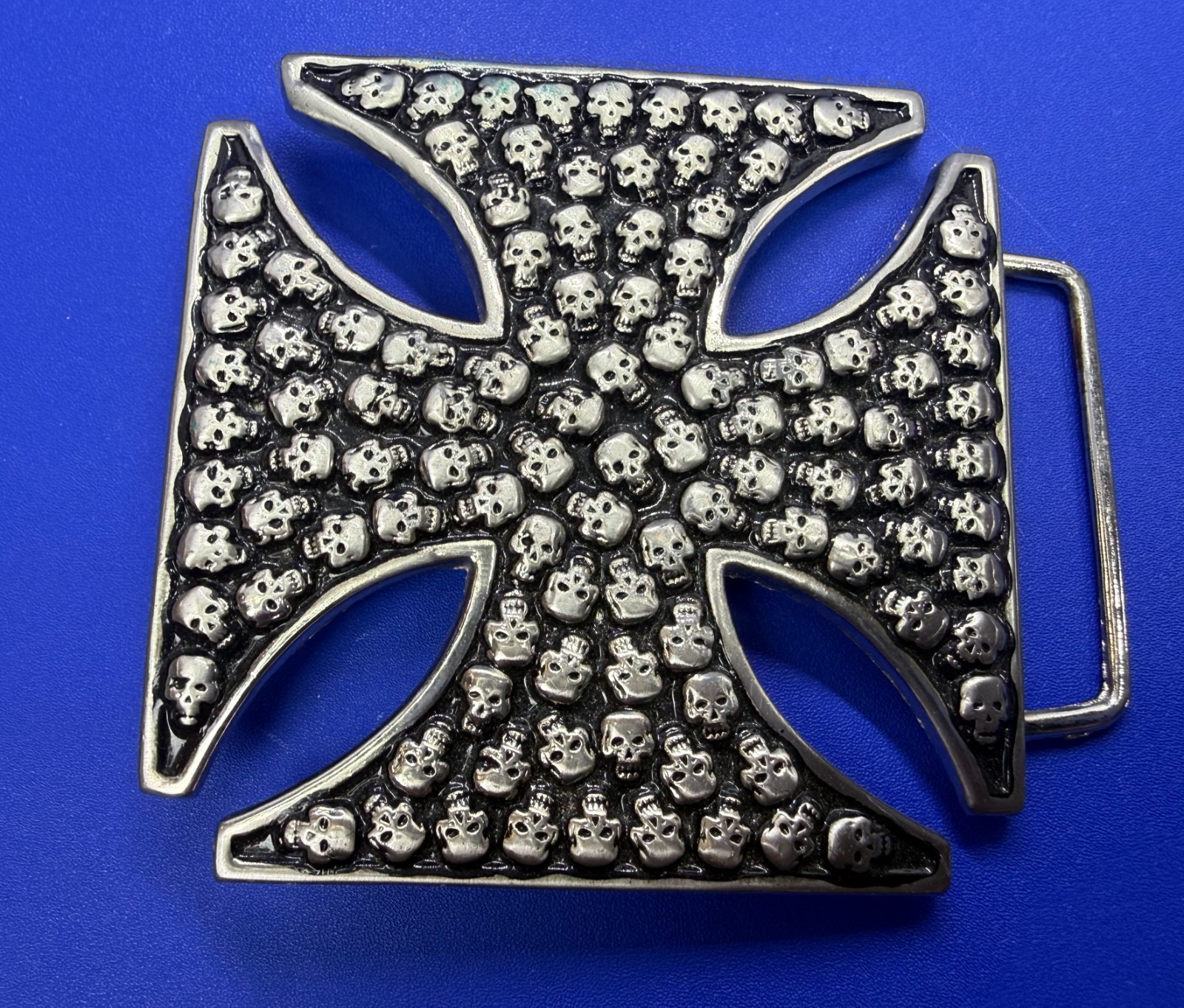 Celtic Iron Cross Shaped with Engraved Tiny Skulls Gothic Cutout Belt Buckle