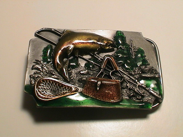TROUT FISH 3D LOOK W/ FLY FISHING ROD & REEL NET CREEL BASKET METAL BELT BUCKLE!