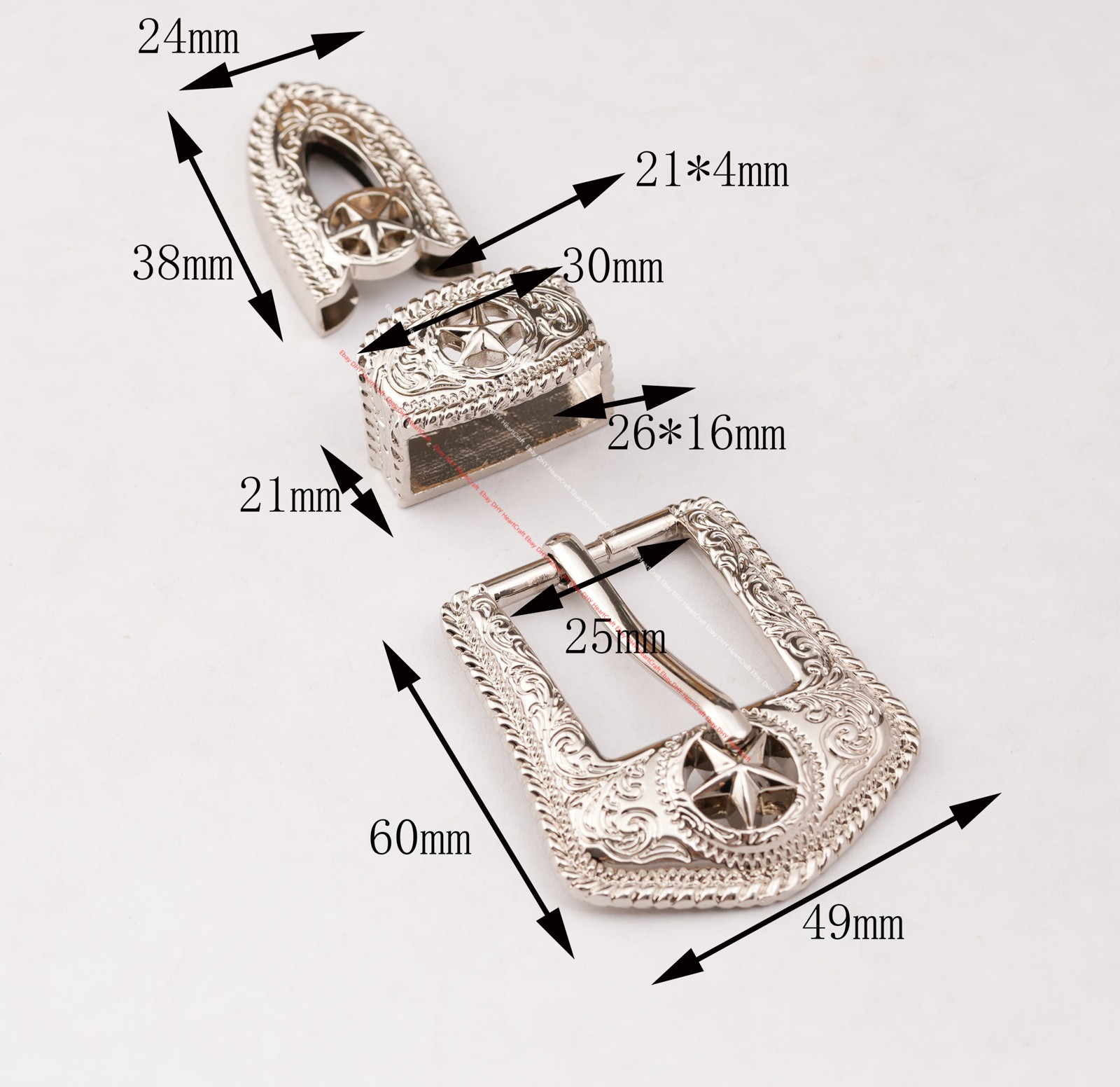 25MM Western Texas Star Leathercraft Belt Buckle Set 3-Piece Filigree Engraved