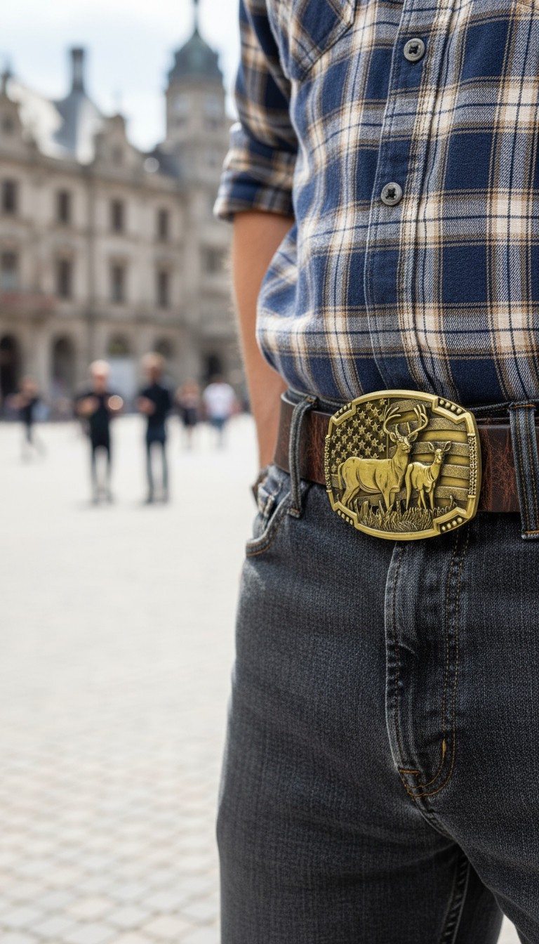 New Men Women Antique Gold Metal Belt Buckle Deer Nature Hunter Western USA Flag