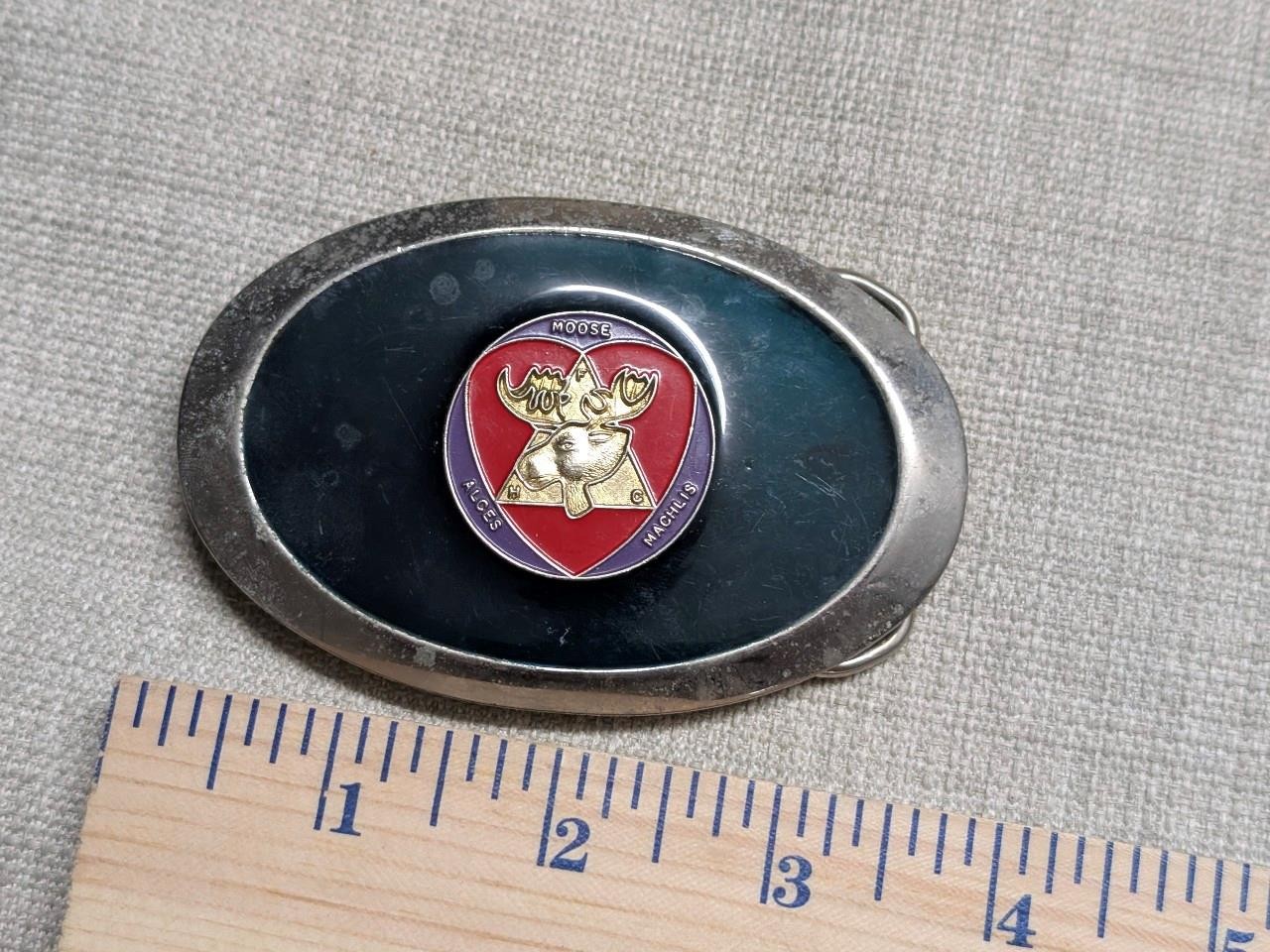 vintage MOOSE belt buckle WESTERN loyal order legion COWBOY chrome 1970s