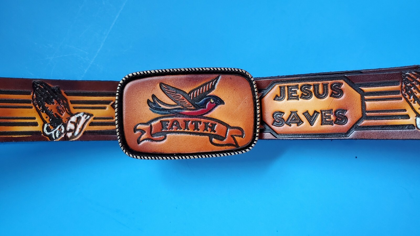 JESUS SAVES Religious Theme Leather Belt & FAITH Leather Buckle – All Sizes