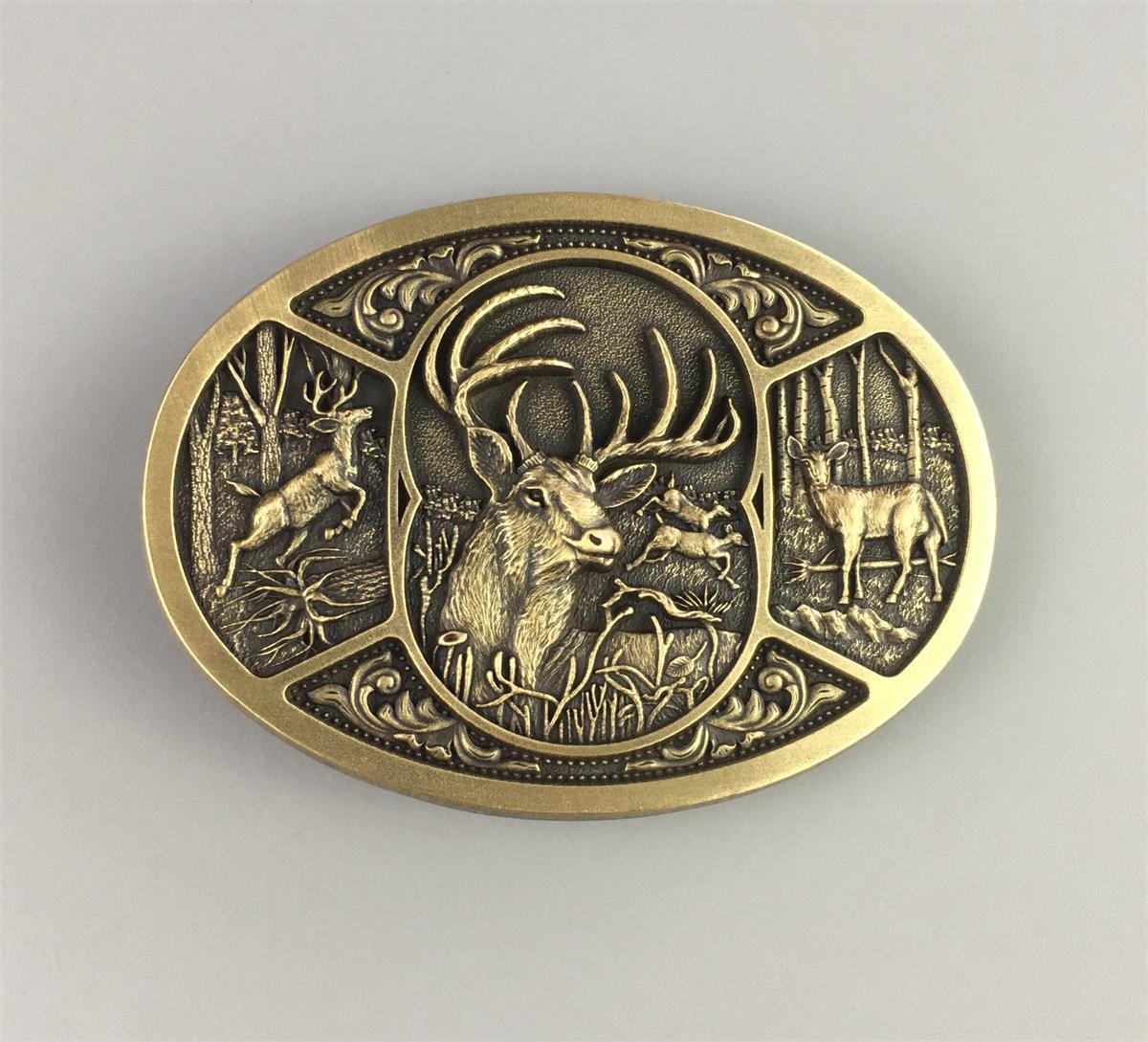 Vintage Bronze Western Wildlife Hunter Hunting Deer Belt Buckle