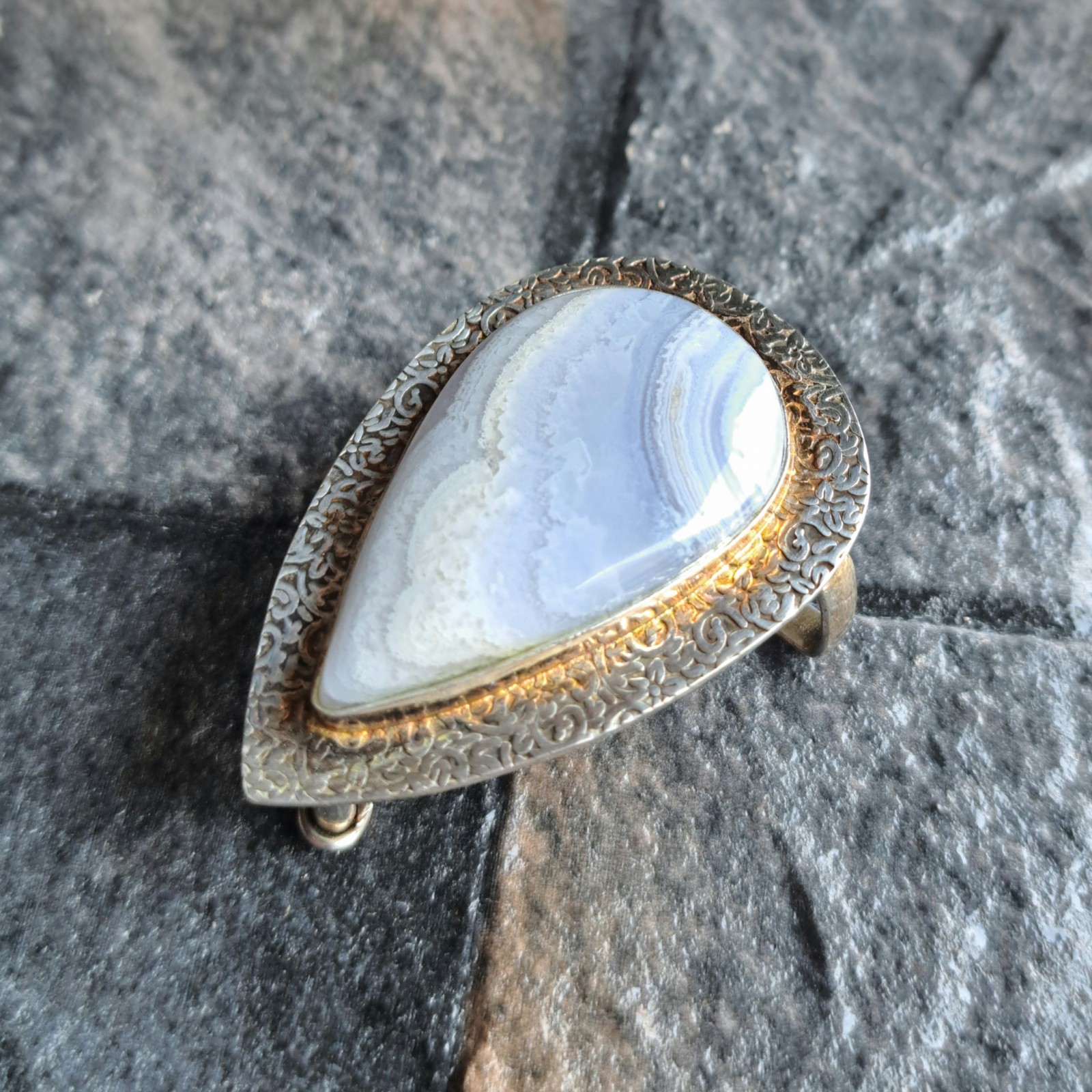 Blue Lace Agate Teardrop Silver Plated Belt Buckle Soft Lavender Banded Unisex