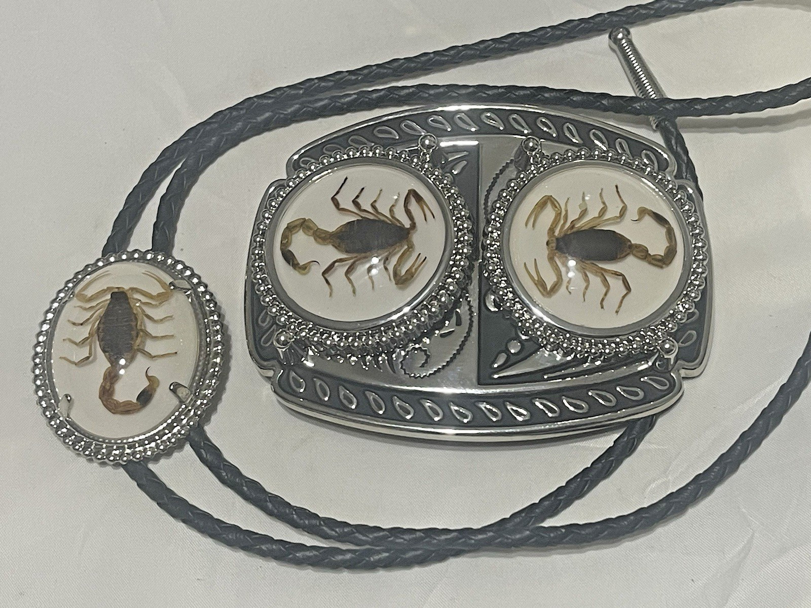 Silver tone Scorpion Belt Buckle and Bolo Set