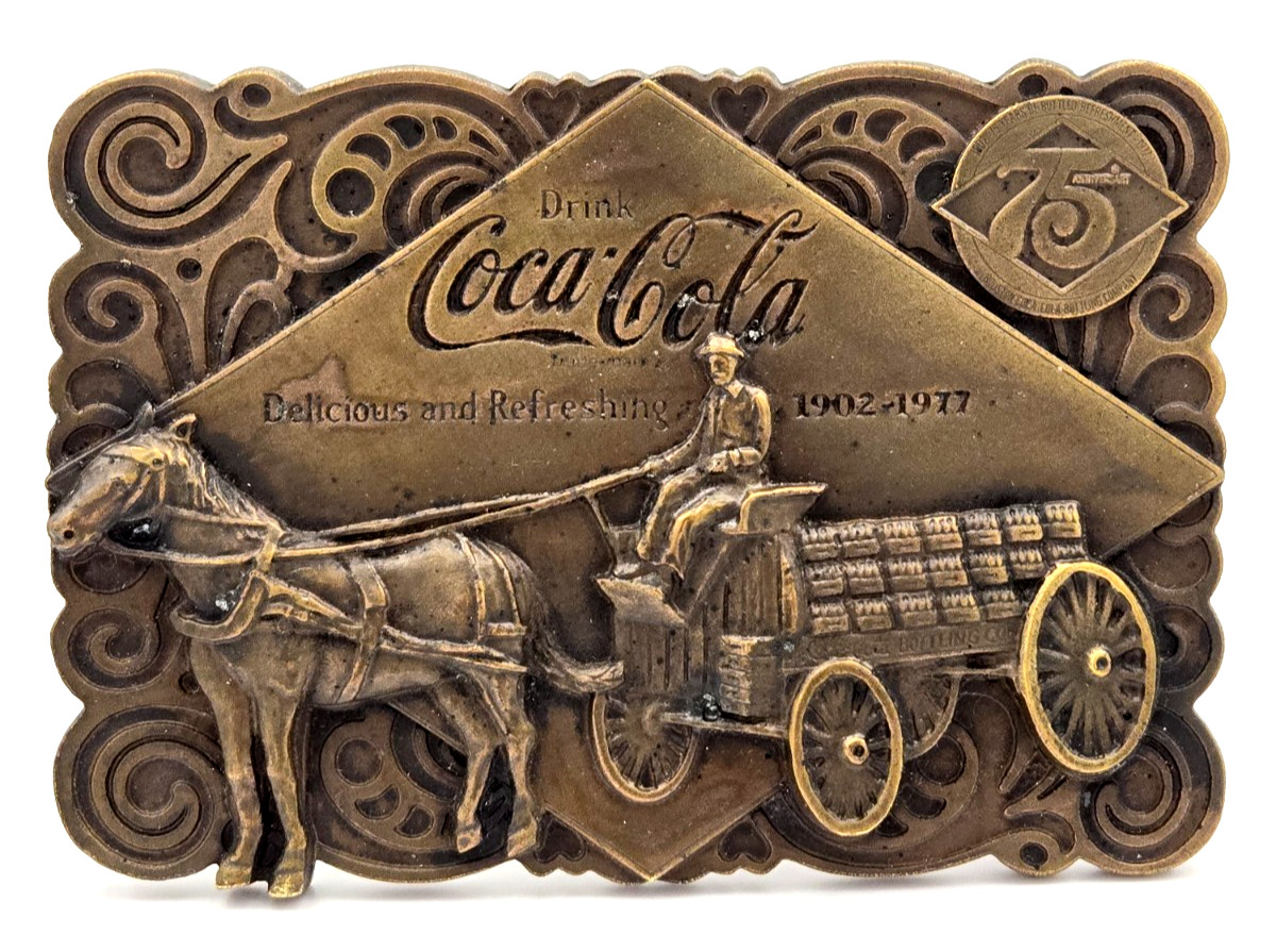 VTG 1976 Coca Cola 75th Anniversary Brass Belt Buckle Bottle Opener Bergamot NOS