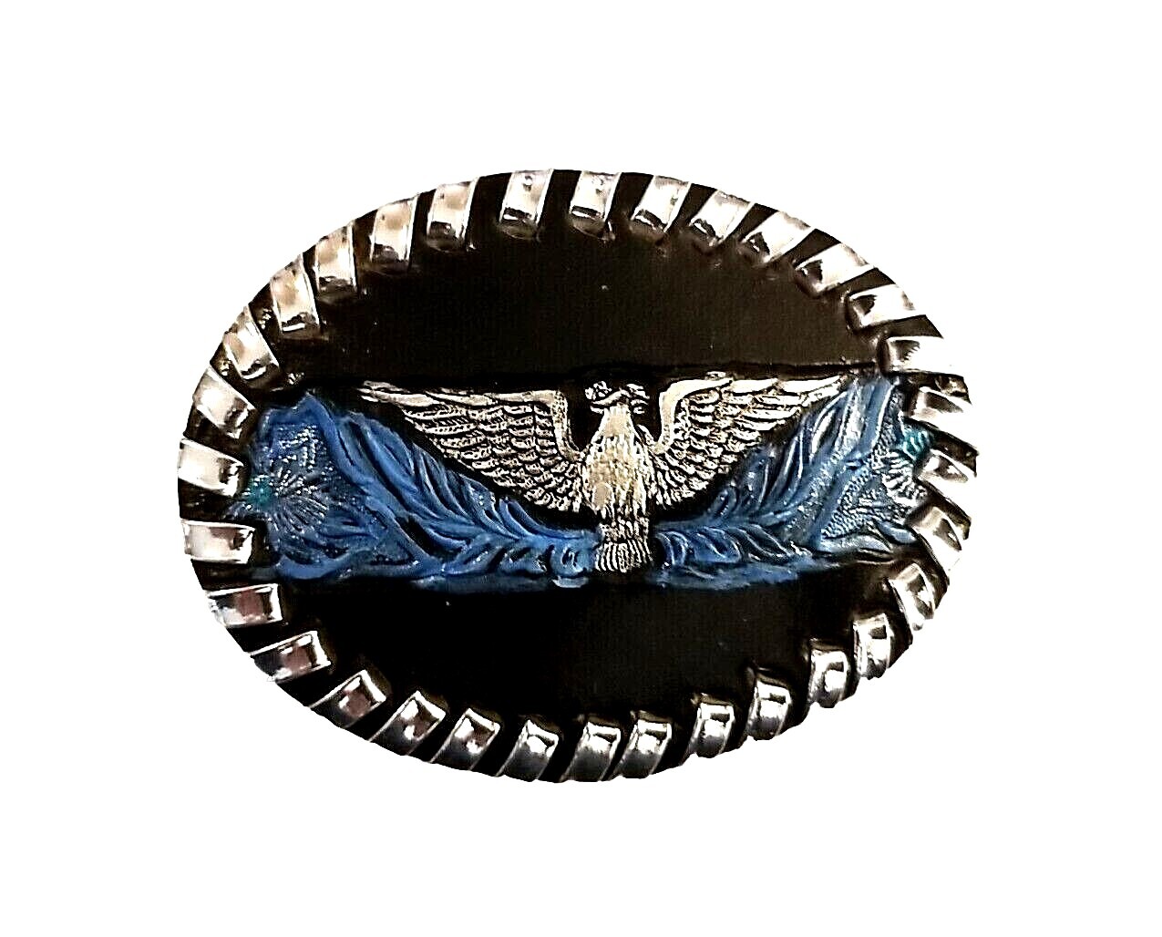 EAGLE Belt BUCKLE w/ SILVER Edge LACING Handmade Sm. BLACK LEATHER Western/Biker