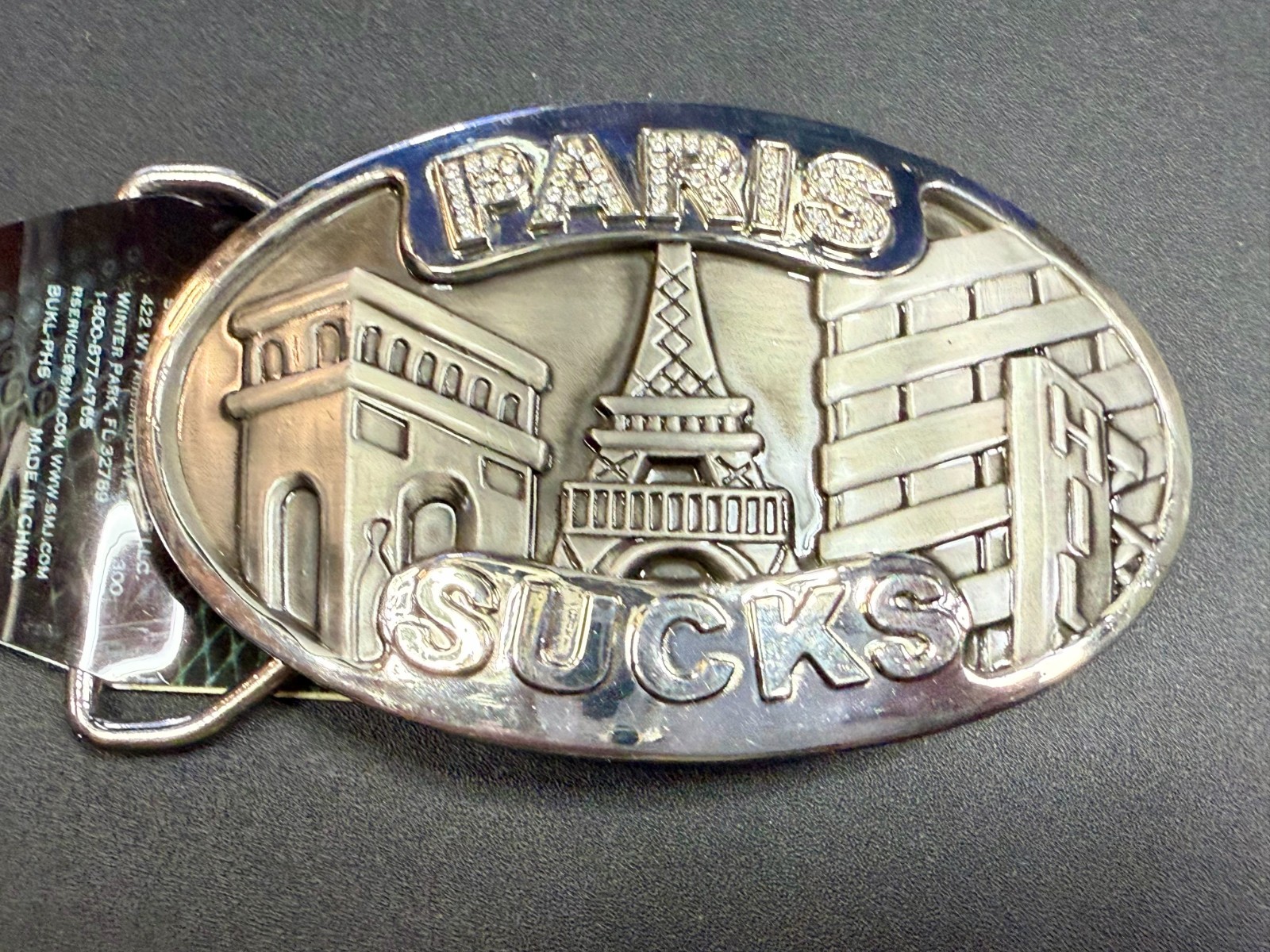 Paris Sucks! Blue Moon Creations Silver Tone Funny Tourist Gift Belt Buckle