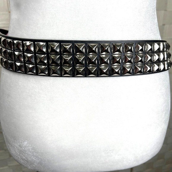 Unisex Black Faux Leather 3 Row Studded Belt Silver Tone Buckle Punk Goth Grunge