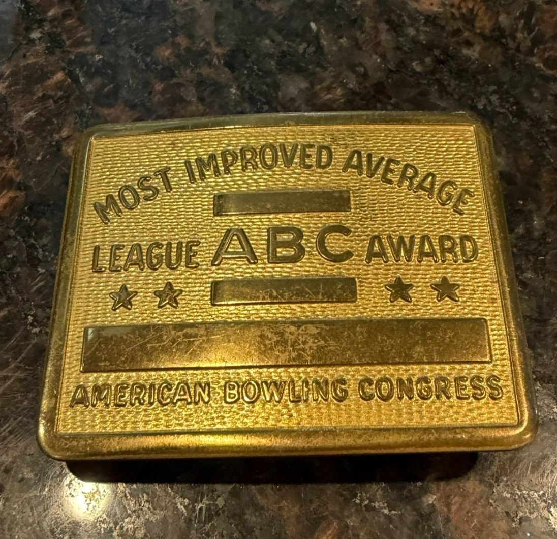 Vintage ABC Bowling League Award Brass Belt Buckle Most Improved Average