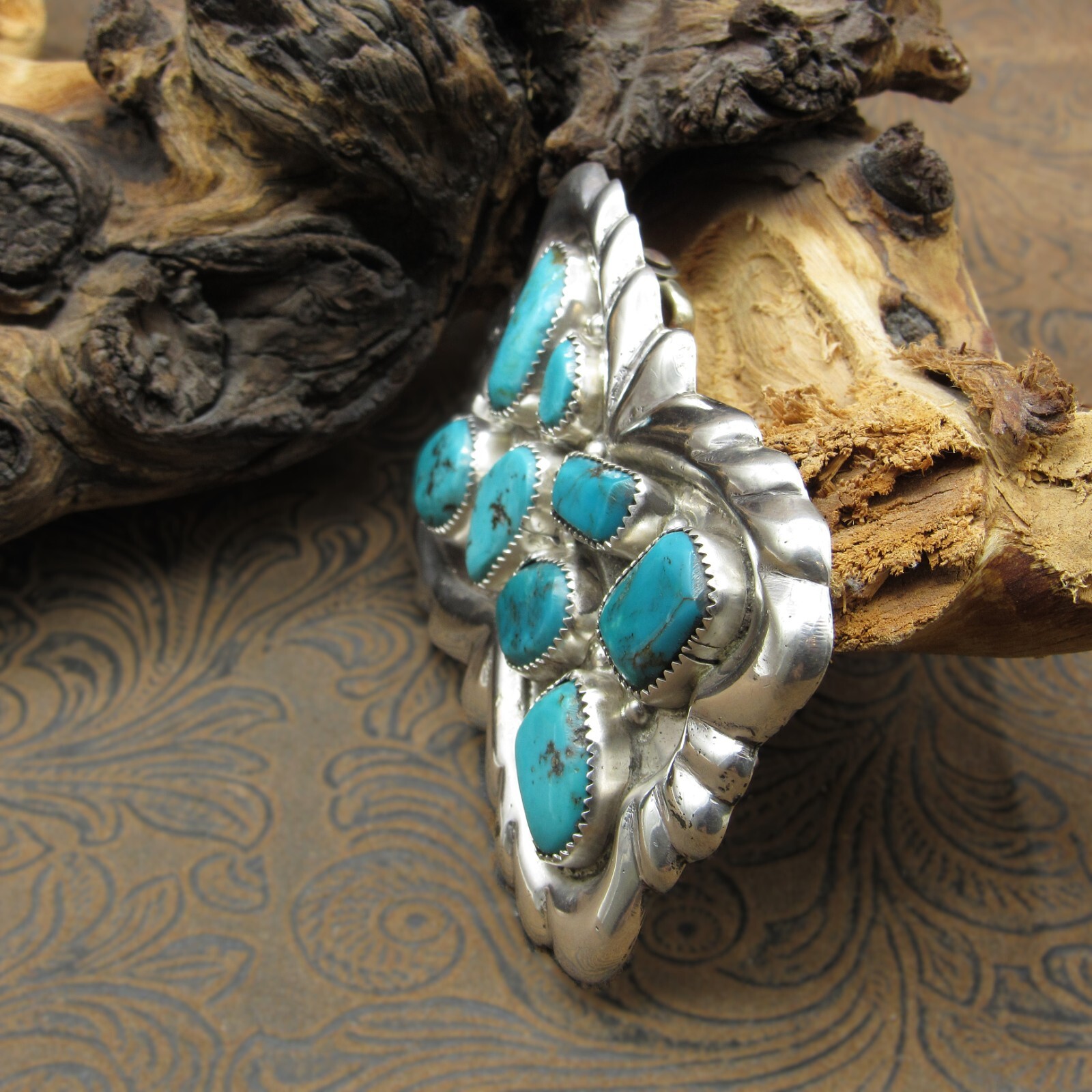 Zuni Cast Sterling Silver Turquoise Belt Buckle