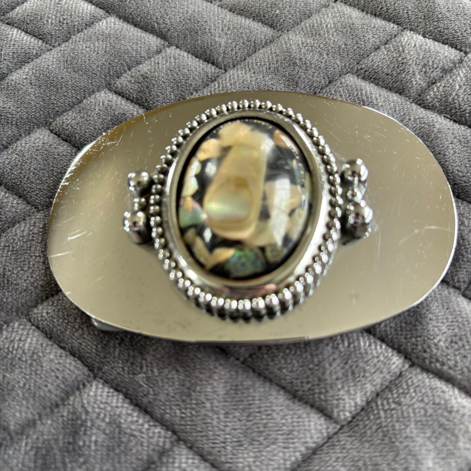 Vintage Silver Tone Abalone Shell Inlay Oval Belt Buckle Western Boho Iridescent