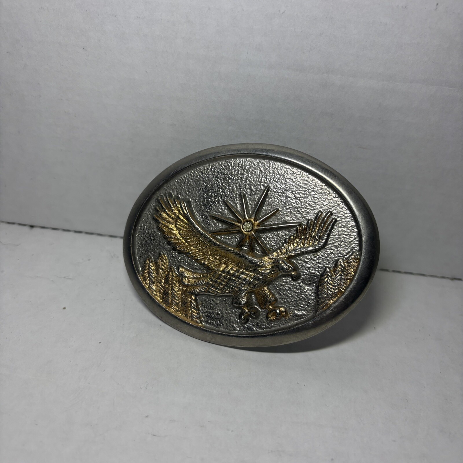 Vintage 70s 80s Western Gold & Silver Tone Flying Eagle Oval Belt Buckle