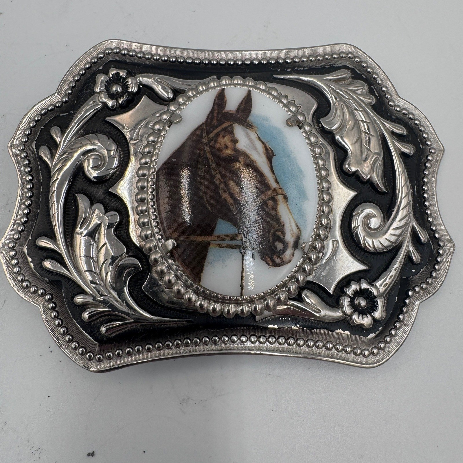 Vintage Western Horse Portrait Belt Buckle Silver Tone Floral Scrollwork Cowboy