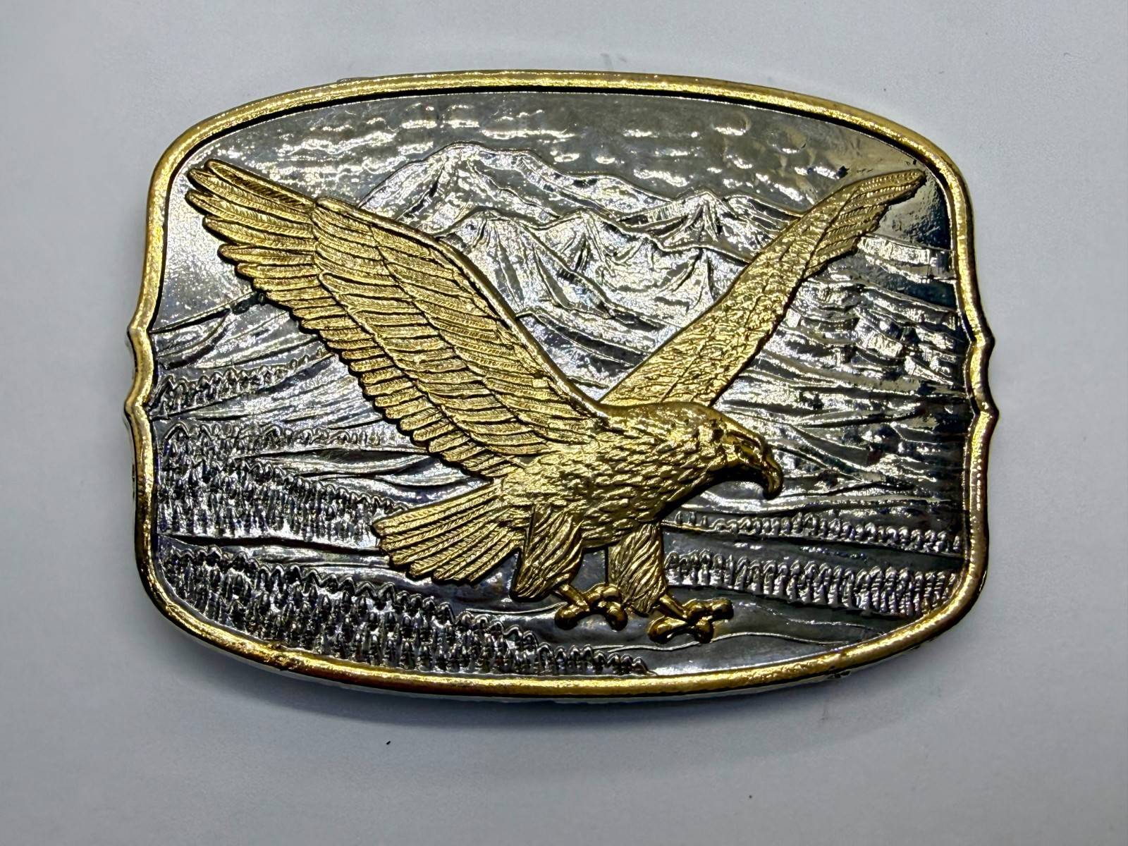 Flying Eagle Spreading Wings over the Mountain Scene Vintage Belt Buckle