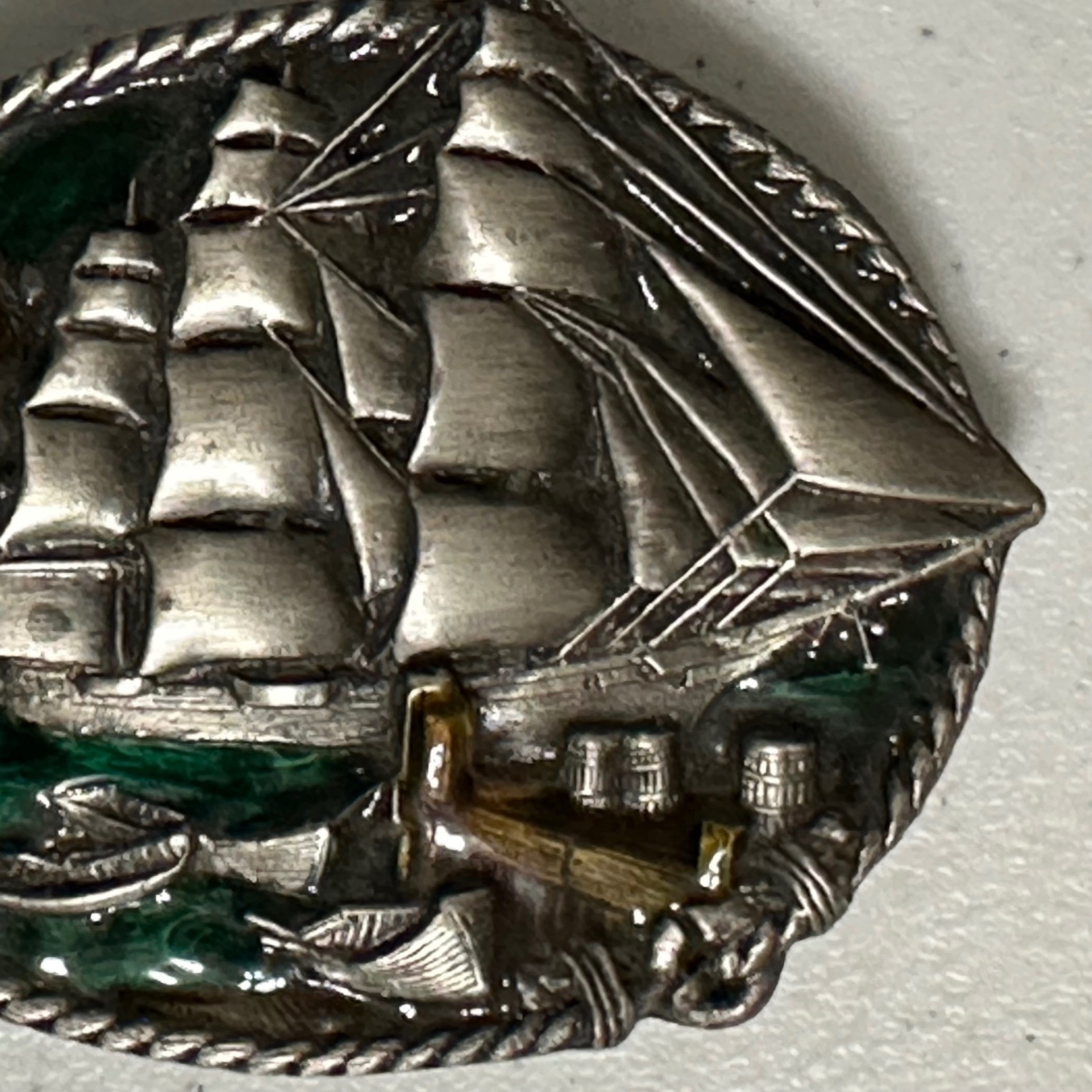 Bergamot Brass Works 1983 3D Sailing Clipper Ship Belt Buckle Enamel VTG Rudyard