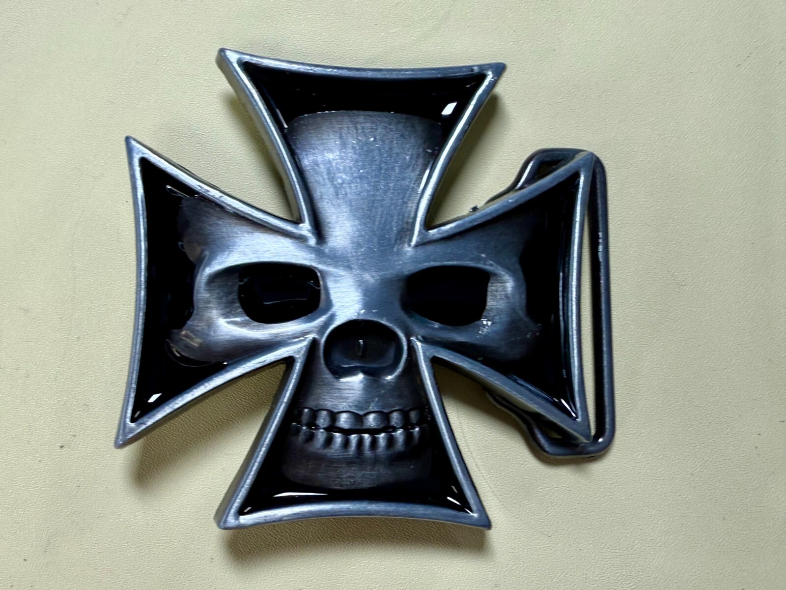 Maltese Iron Cross with Skull Reflective Cutout Gothic Punk Vibe Belt Buckle