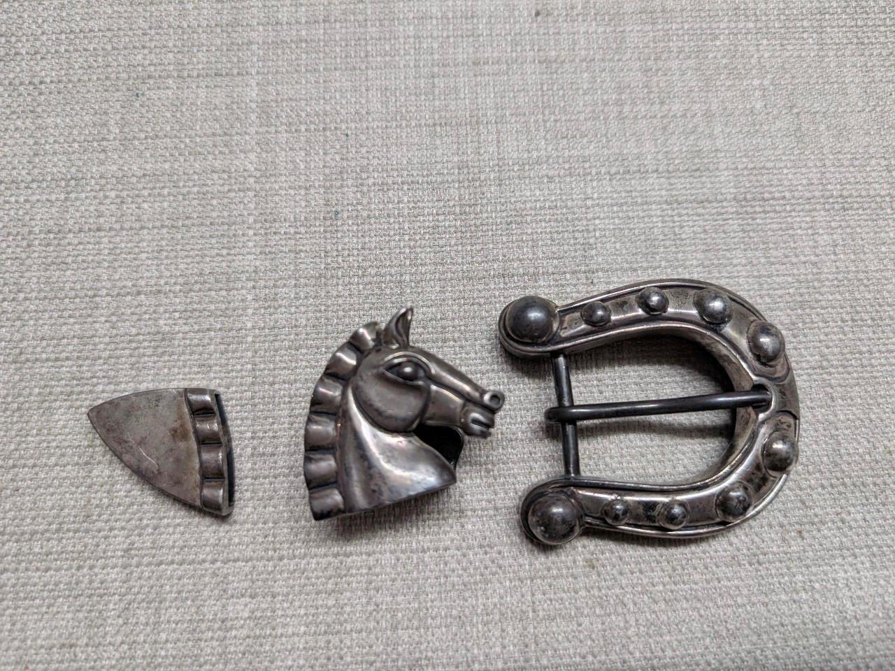 vintage KIESELSTEIN CORD belt buckle set STERLING SILVER horse-shoe 3PC western