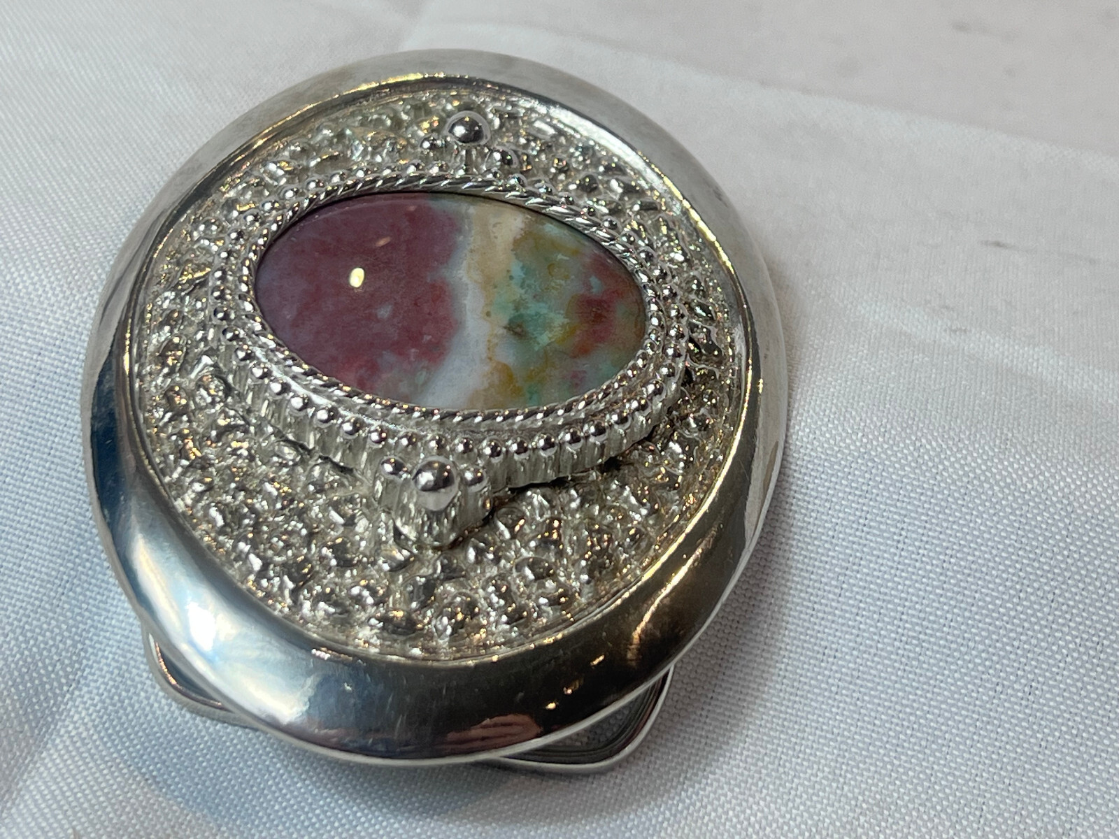 Vtg Western Style Belt Buckle Silvertone And Polished Flat Multicolor Stone
