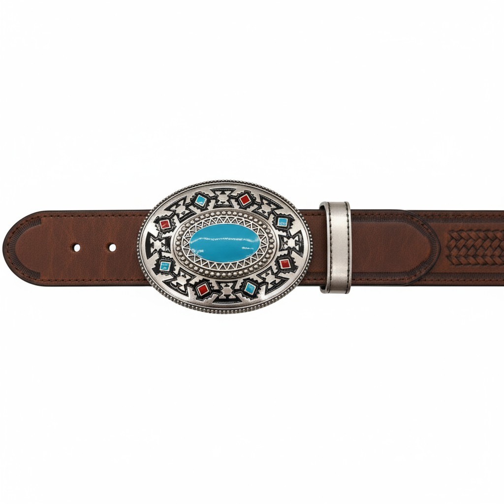 Men Silver Metal Buckle Native Ethnic Aztec Look Big Oval Turquoise Cowboy Style