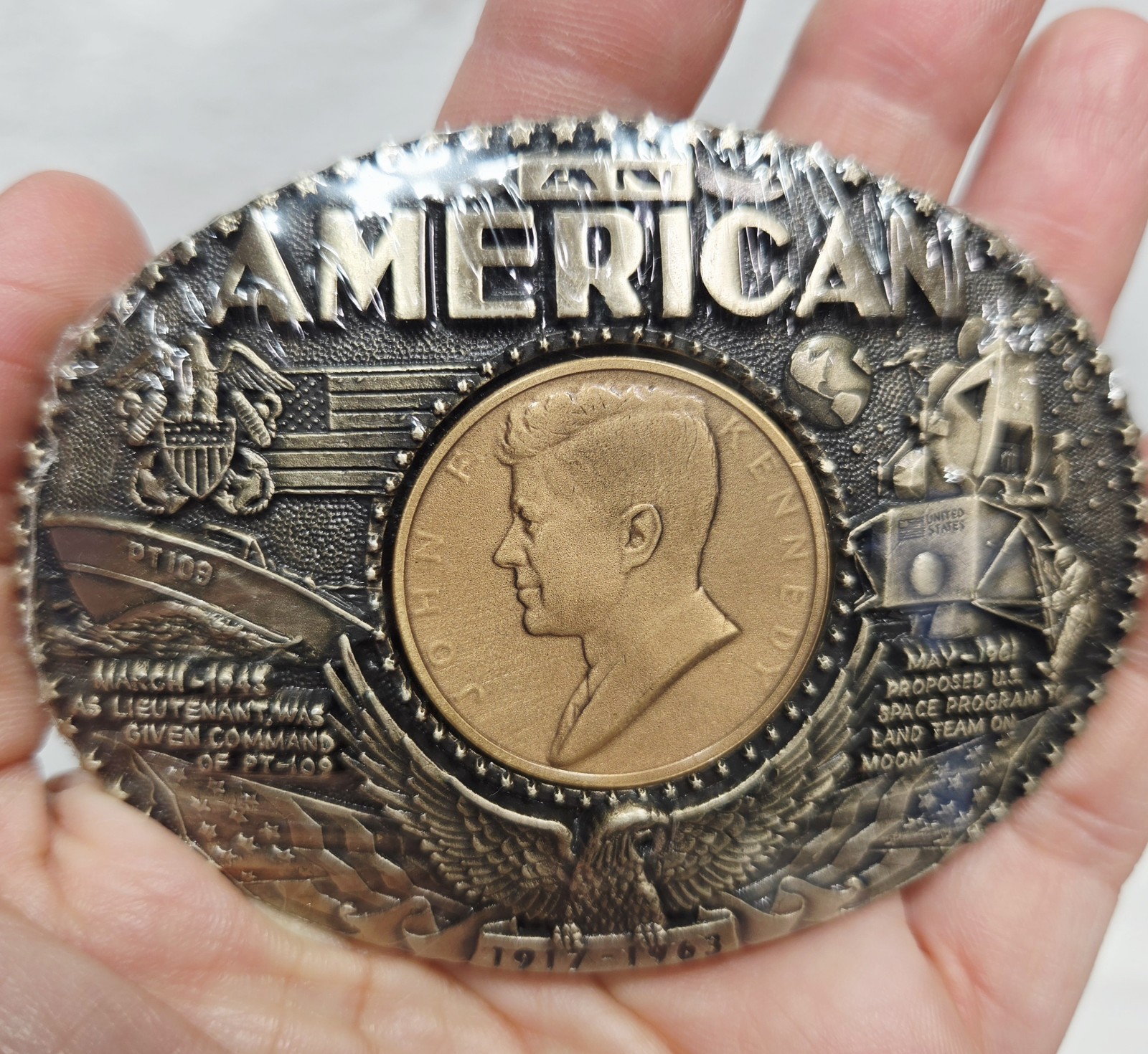 Rainy Mountain An American JFK Bronze Medal Solid Brass Belt Buckle COA Box NOS