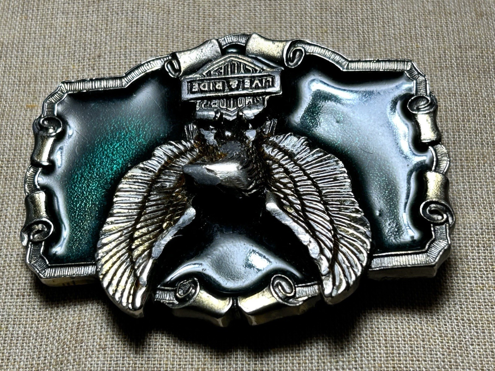 Vintage Eagle Live To Ride Belt Buckle Green Enamel 1983 Made In USA