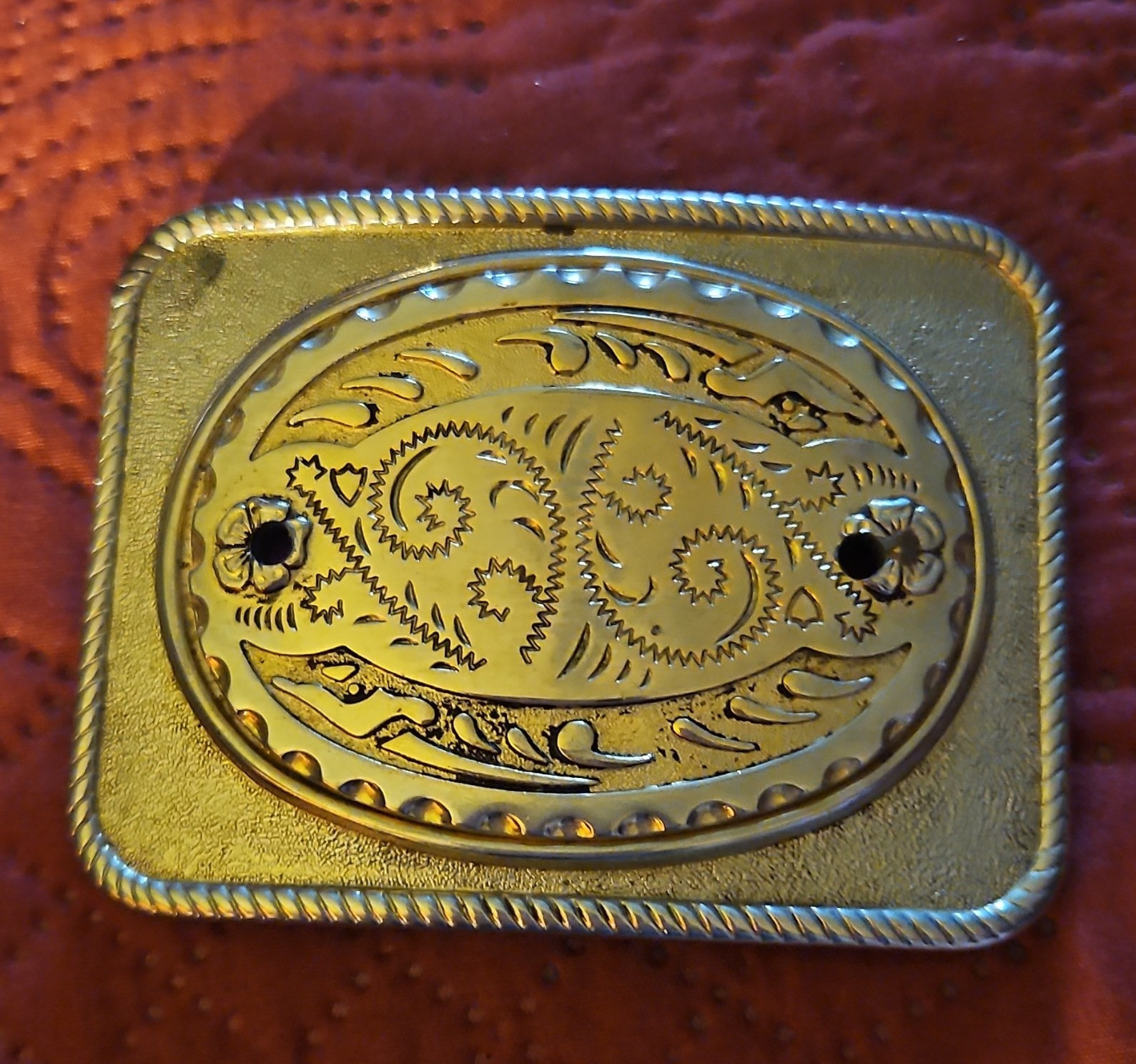 Gold Tone Engraved Floral Western Rectangular Metal Belt Buckle 1.5in Fit