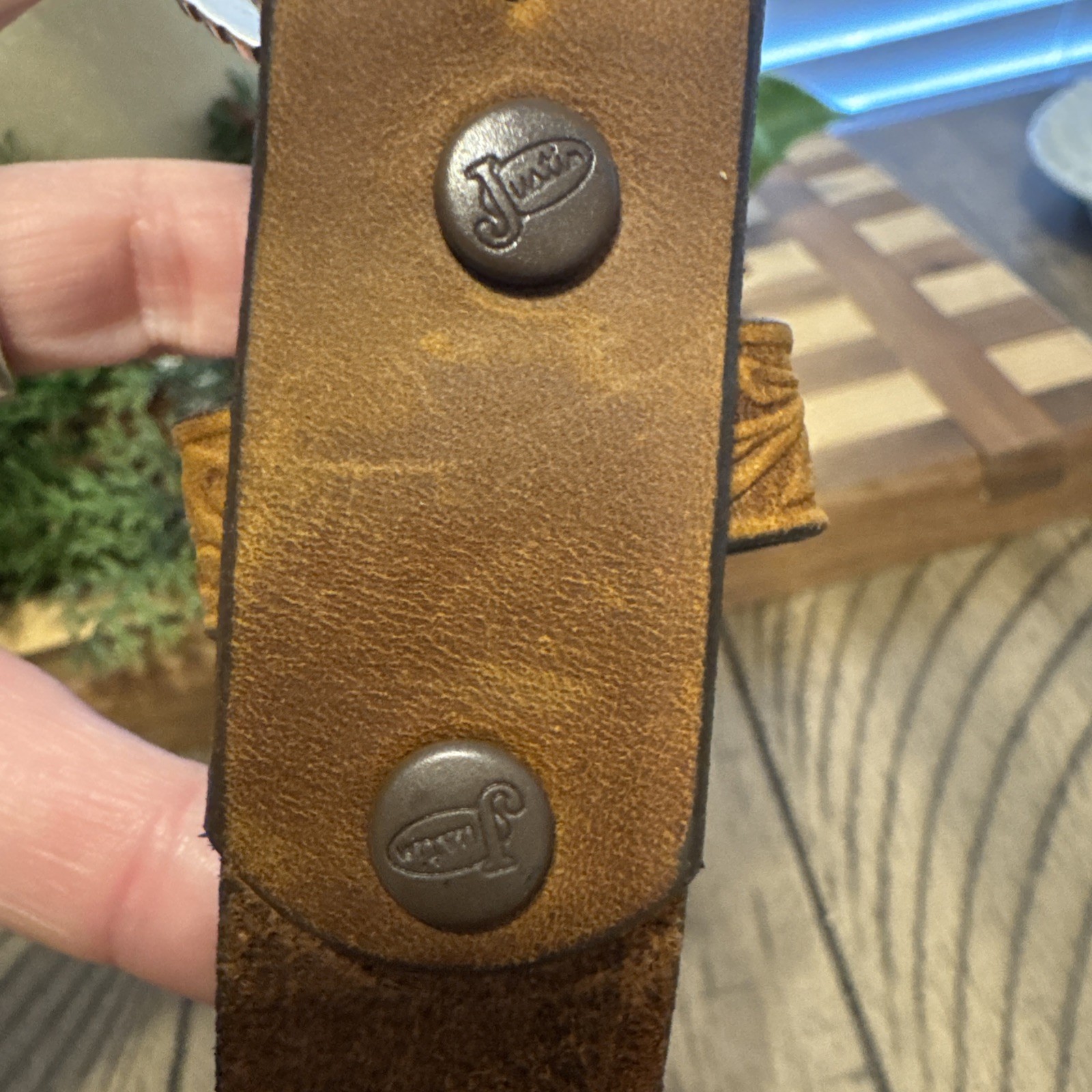 Justin Leather Belt Size 28 Brown Tooled Champion Buckle Western Rodeo