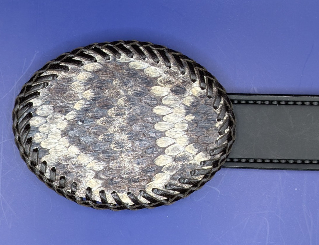 Real Eastern Diamondback Rattlesnake Hand laced Belt Buckle made in USA