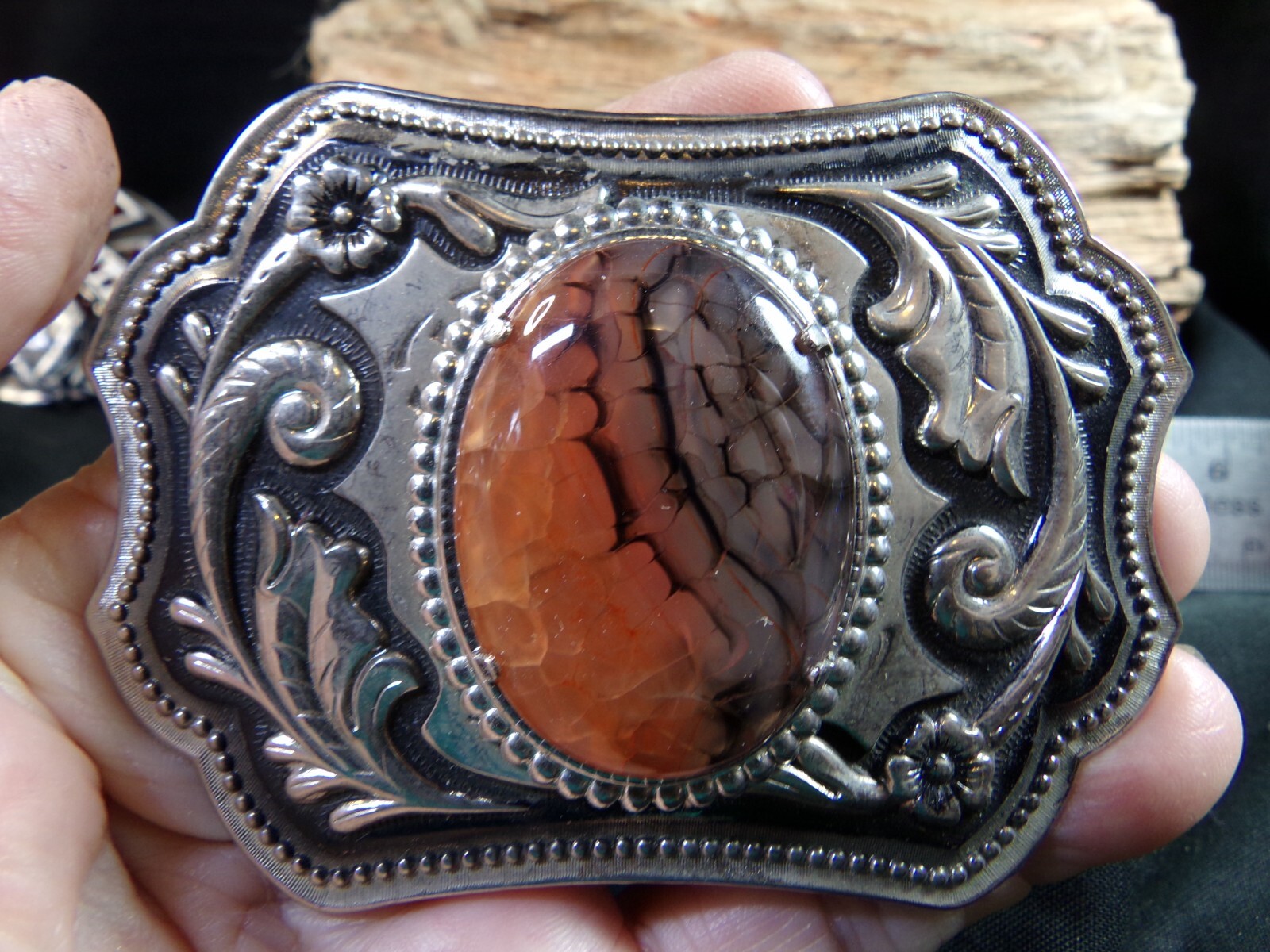 Belt Buckle Silver-tone & Black, with I believe is a Huge Dragon Agate Stone