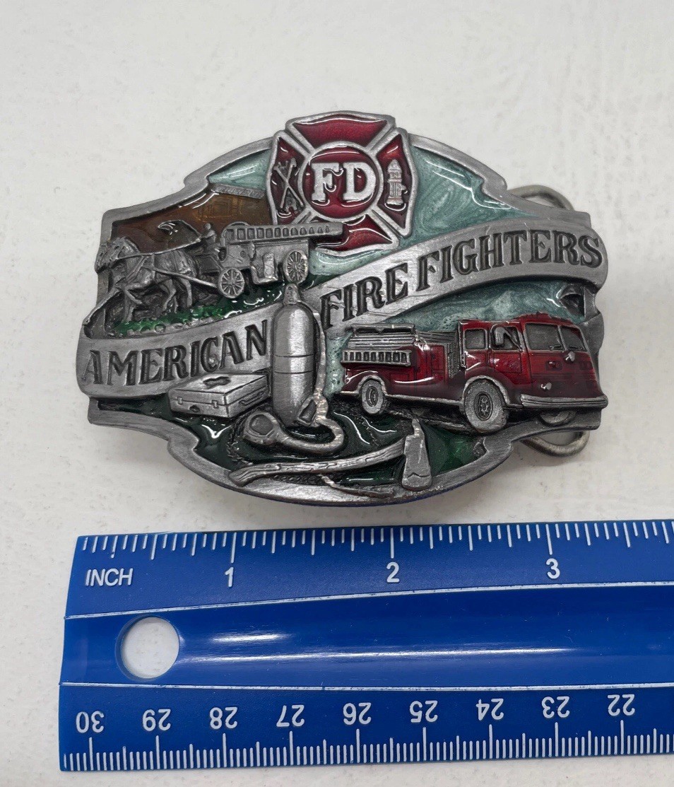 American Fire Fighter Belt Buckle SiskiYou 1988 Made in USA Fire Engine Pewter