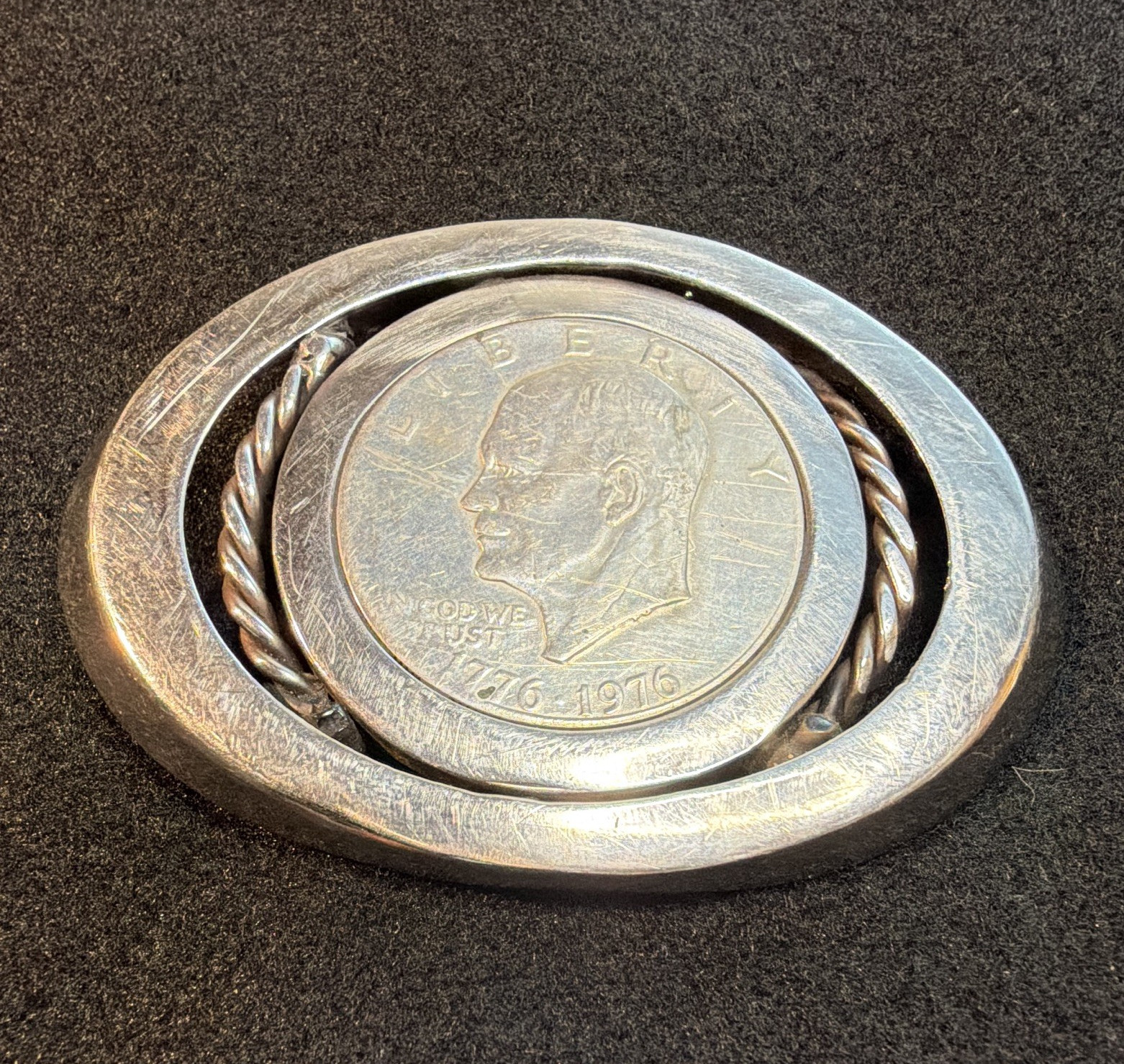 Silver Tone Oval 1976 Eisenhower Dollar Coin Western Belt Buckle Fits 1.5 in