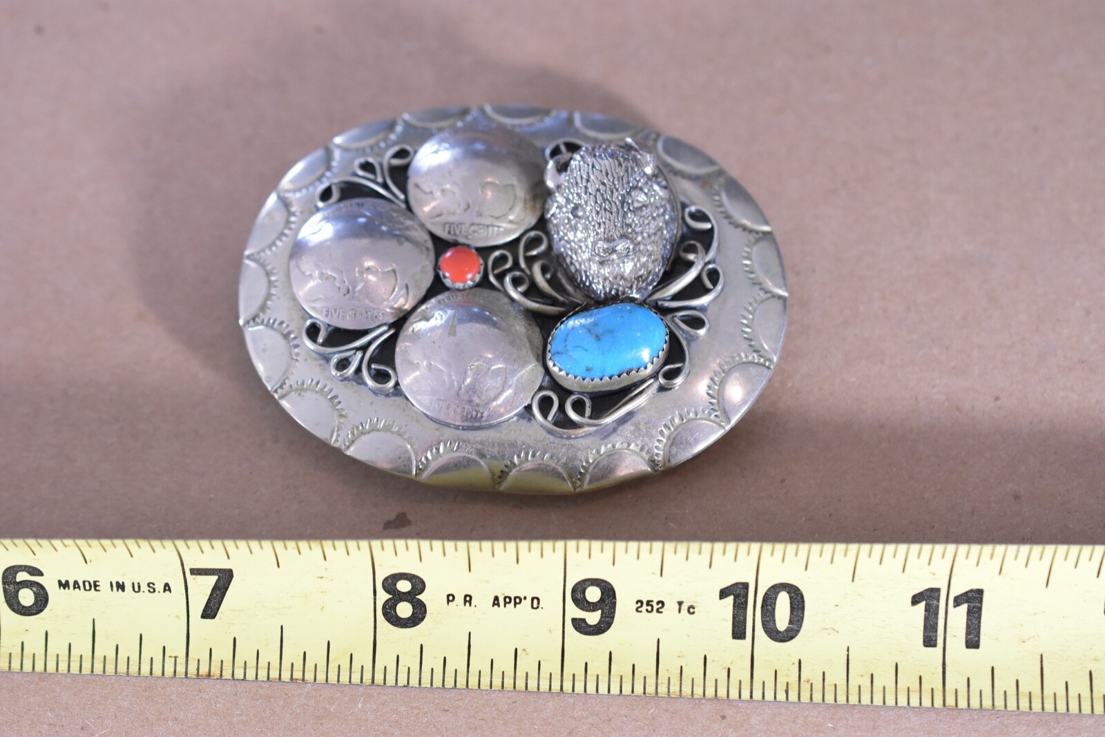 VINTAGE INDIAN BUFFALO HEAD NICKEL FIVE CENT TURQUOISE CORAL BELT BUCKLE