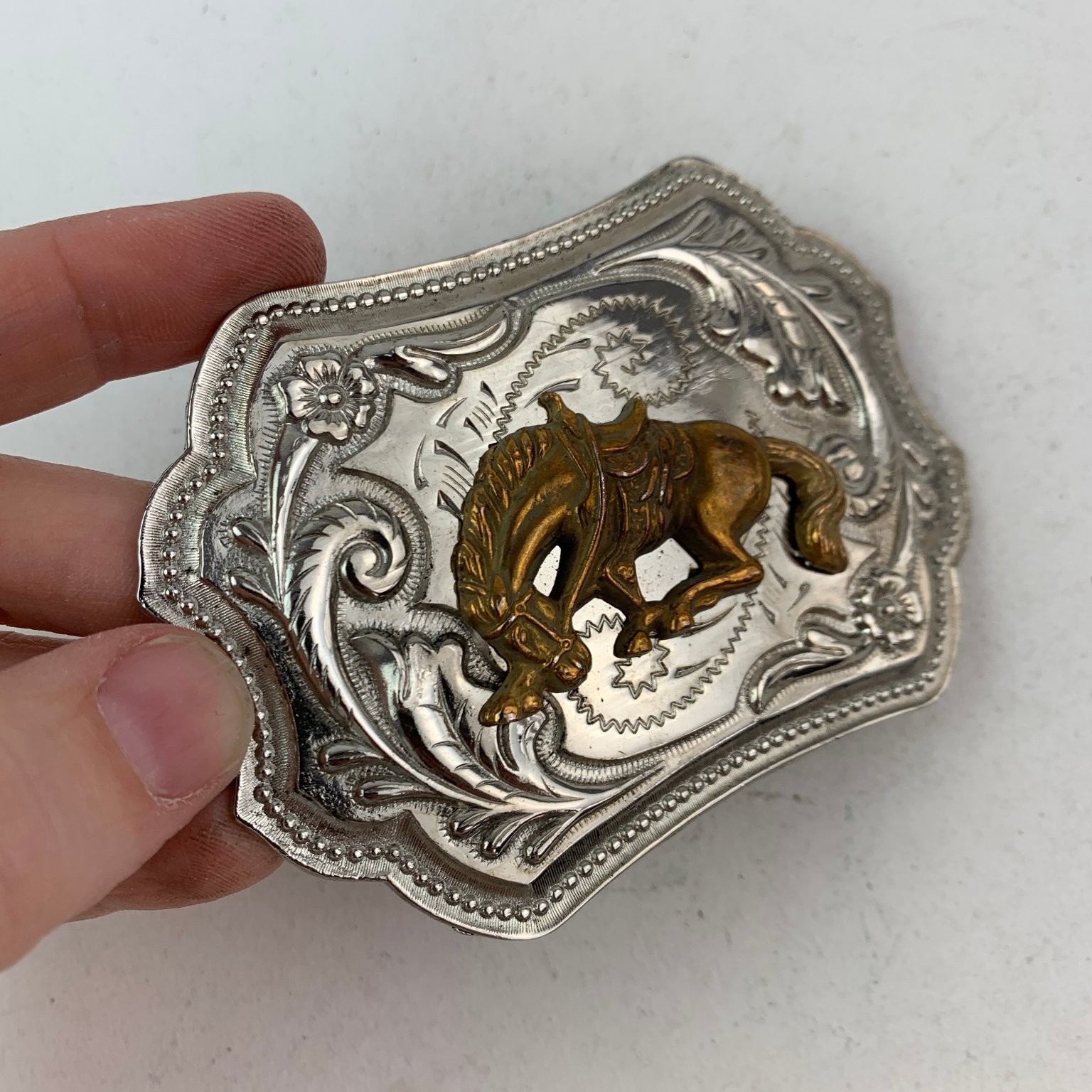 Western Belt Buckle 3D Silver Gold Tone Bucking Bronco Engraved