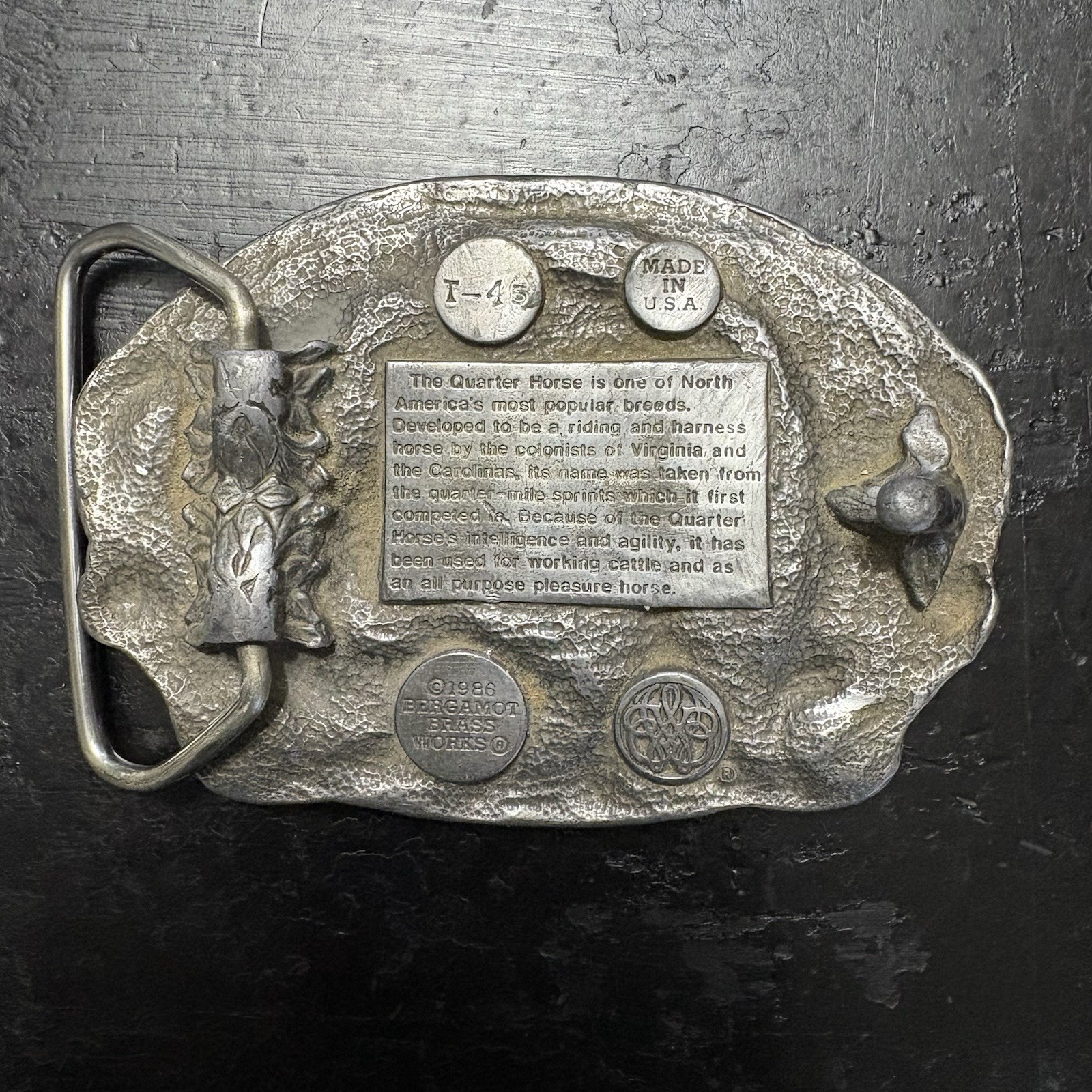 Vintage 1986 Bergamot Brass Works Quarter Horse cowboy belt buckle Made in USA