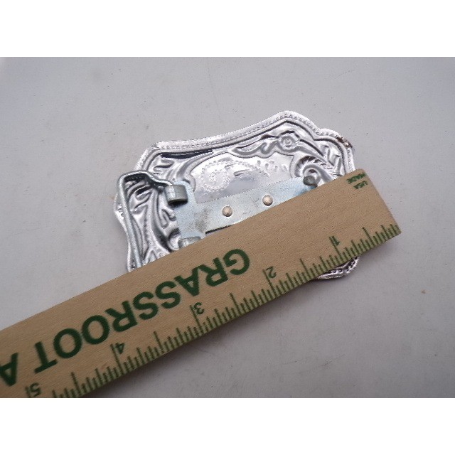 Vintage Western Covered Wagon Belt Buckle Silver Tone Scalloped Floral Scroll