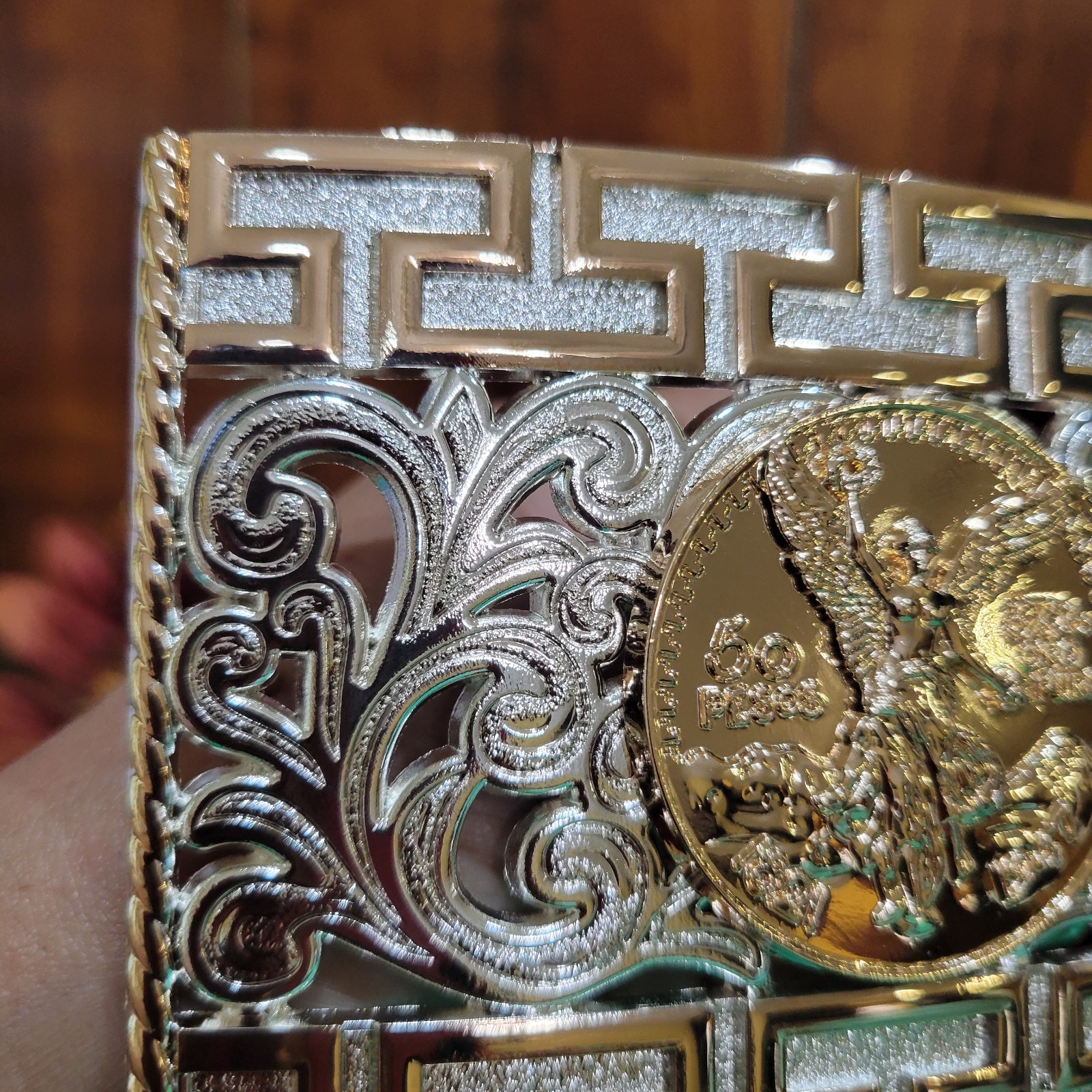 Centenario Cowboy Belt Buckle Western Rodeo Silver & Rose Gold Faux 50 Peso