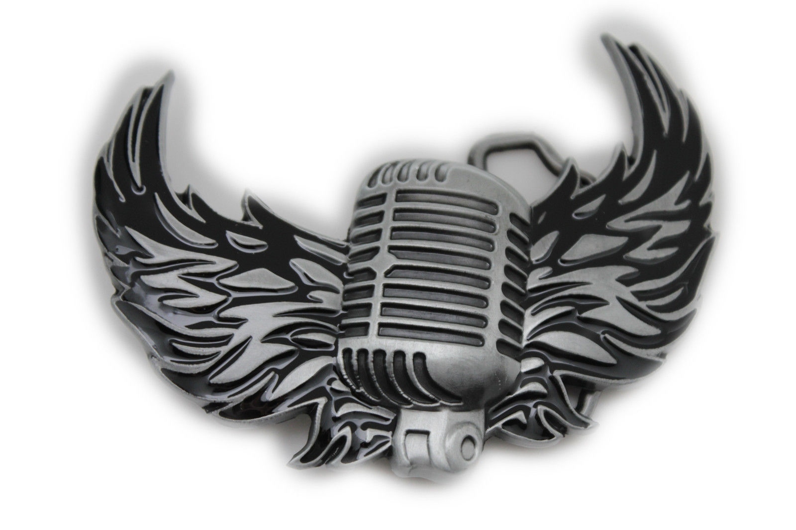 Men Women Silver Buckle Western Hip Hop Radio Music Microphone Fire Wings Rocker