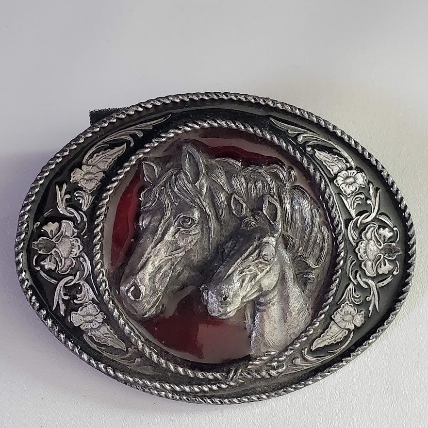 Siskiyou Buckle Co Vintage Horse & Foal Belt Buckle Red Enamel A-5 Made in USA