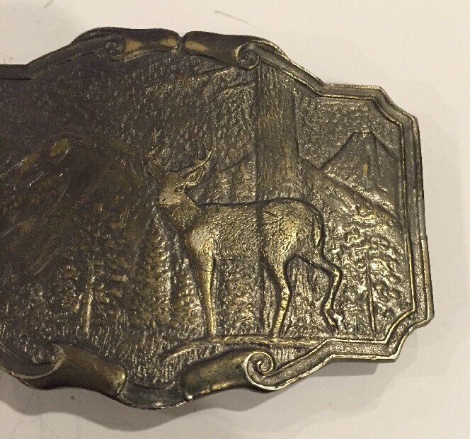 Vintage JAMES LIND Deer in the WOODS Wyoming Studio Art Works BELT BUCKLE brass