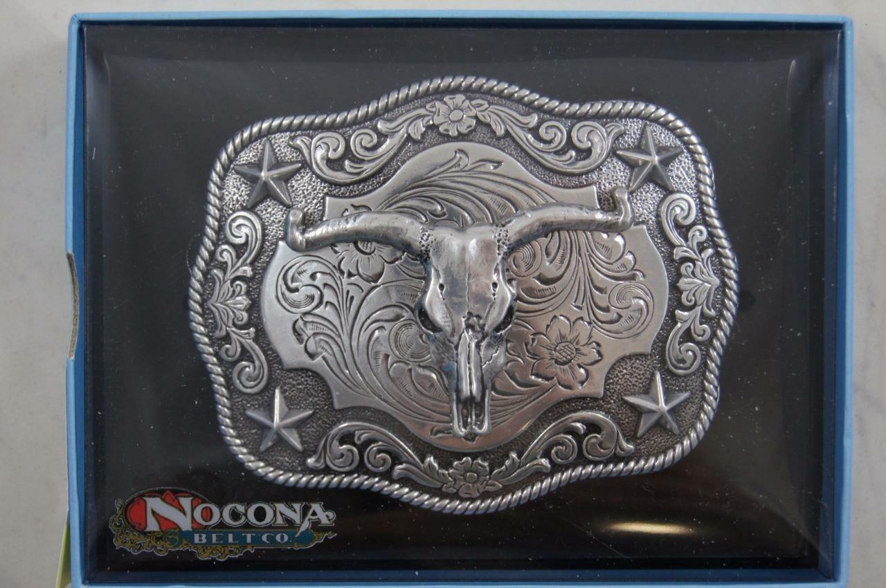 Nocona Western Belt Buckle Longhorn Roped Edge Steer Skull Silver 3798664