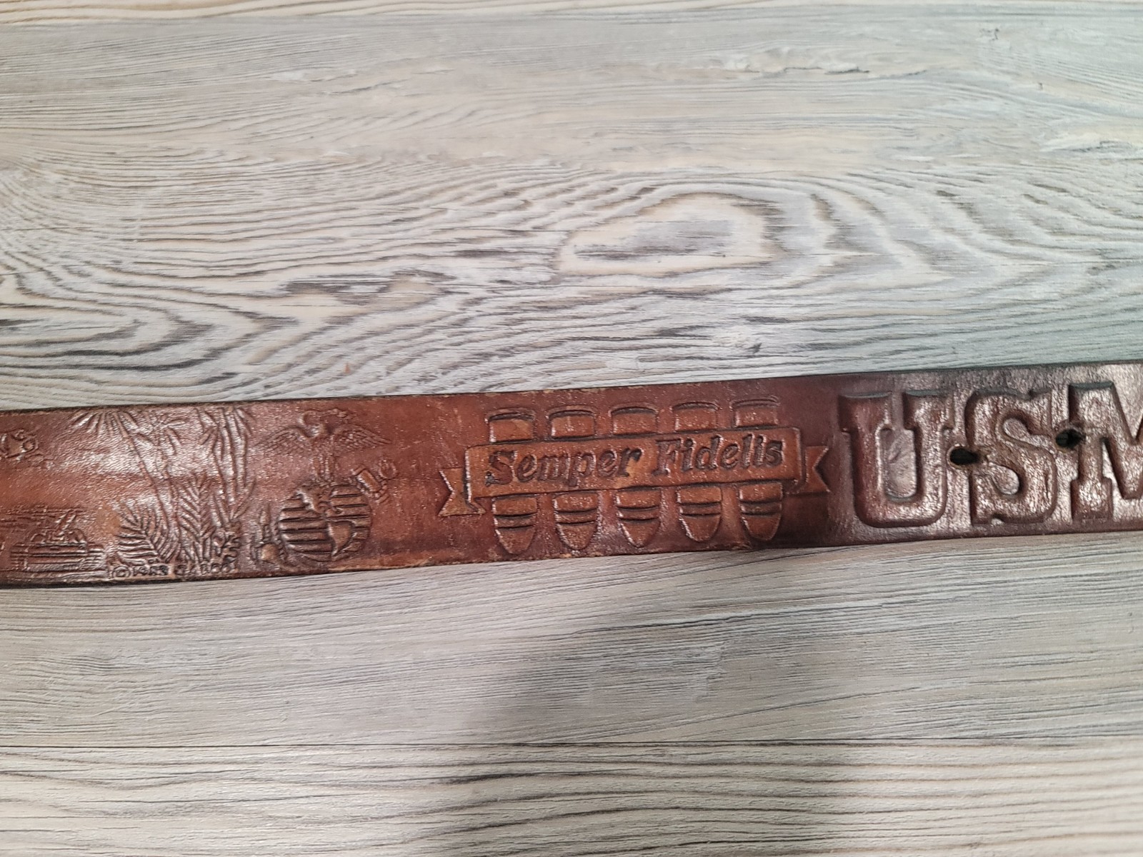 Marines belt buckle leather belt 45in used USMG first to fight